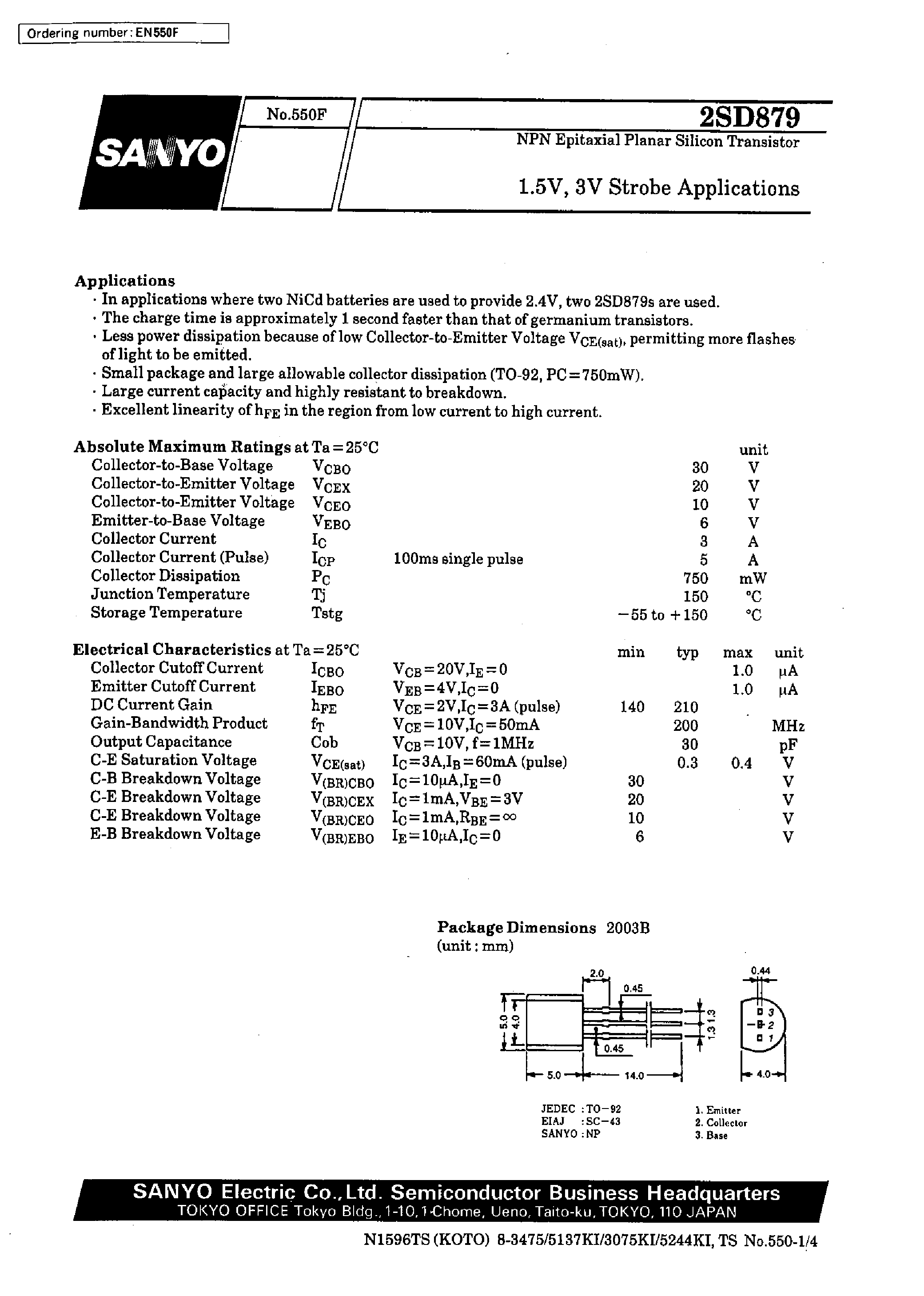 Даташит на микросхему 2SD879 страница 1 Даташит 2SD879 - 1.5V/ 3V Strobe Applications страница 1