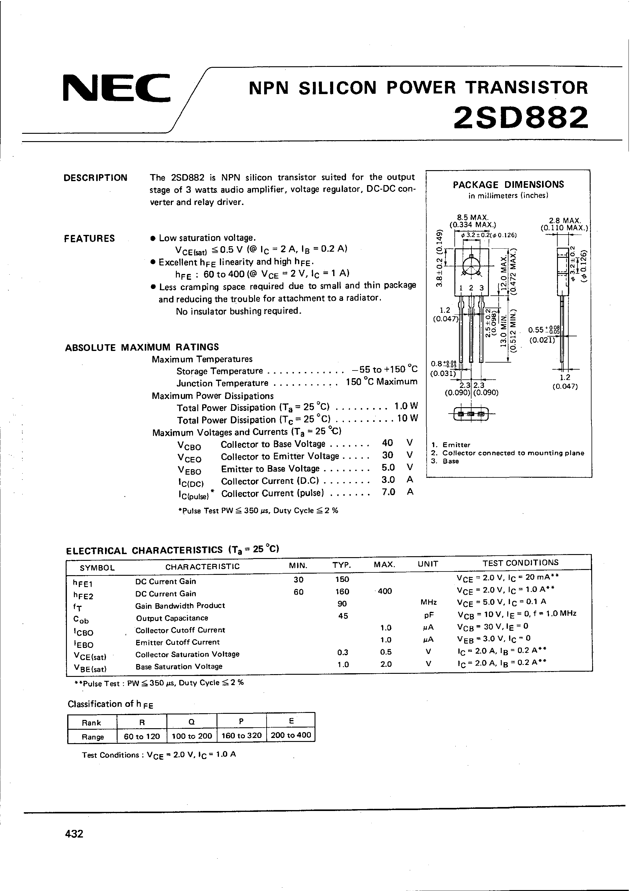 Datasheet 2SD882 - NPN(for the output stage of 3 watts audio amplifier/ voltage regulator/ DC-DC converter and relay driver) page 1