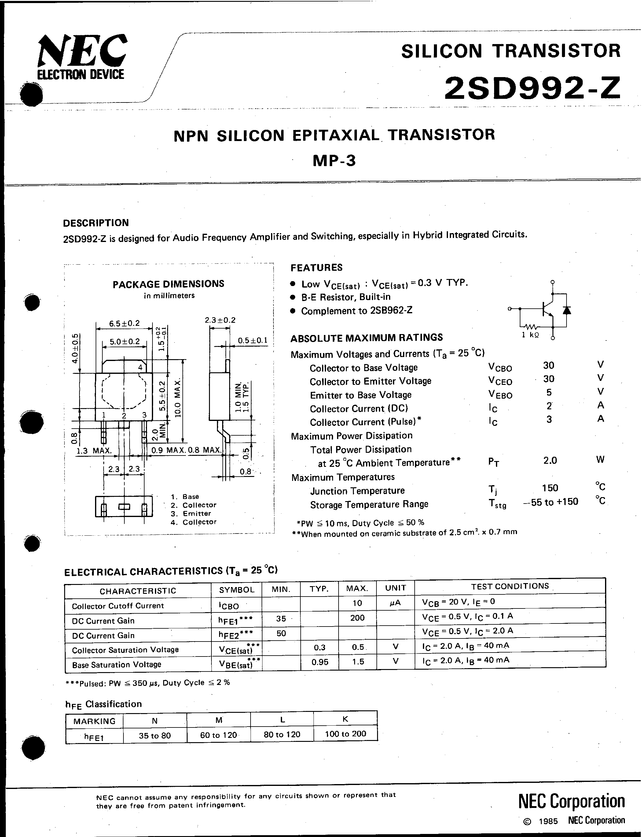 Даташит на микросхему 2SD992-Z страница 1 Даташит 2SD992-Z - NPN SILICON EPITAXIAL TRANSISTOR MP-3 страница 1