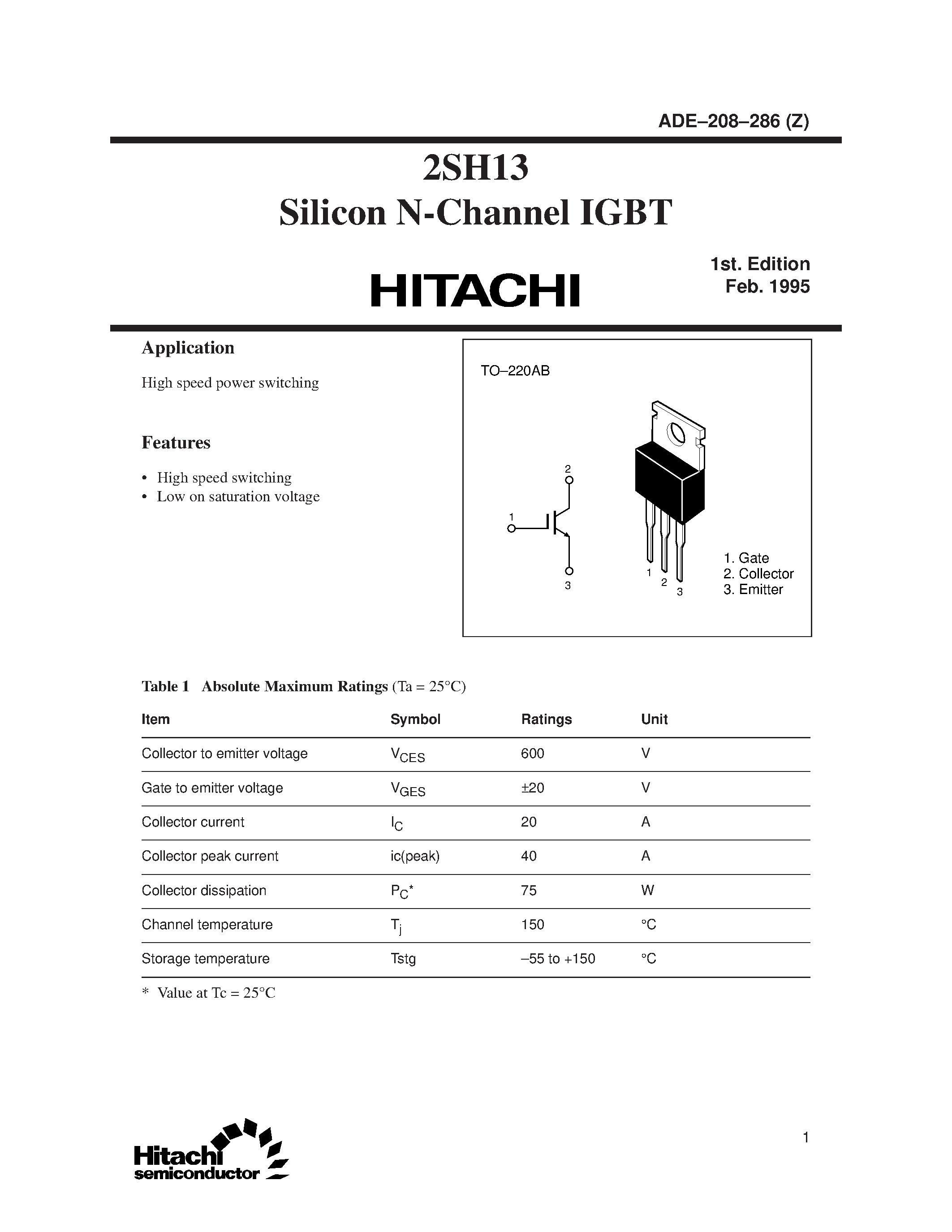 Datasheet 2SH13 - Silicon N-Channel IGBT page 1