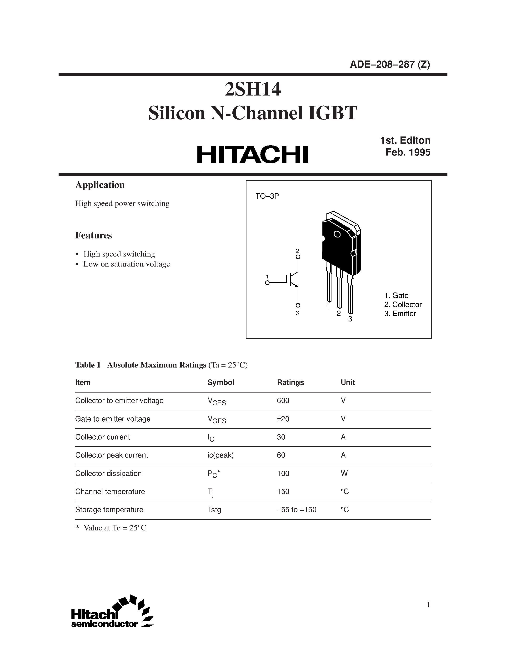 Datasheet 2SH14 - Silicon N-Channel IGBT page 1