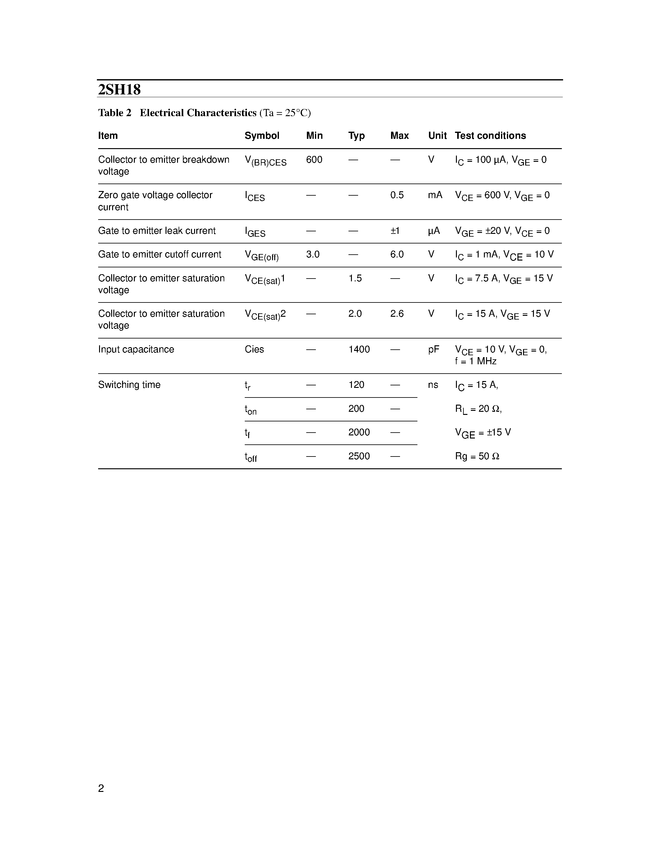 Datasheet 2SH18 - Silicon N-Channel IGBT page 2