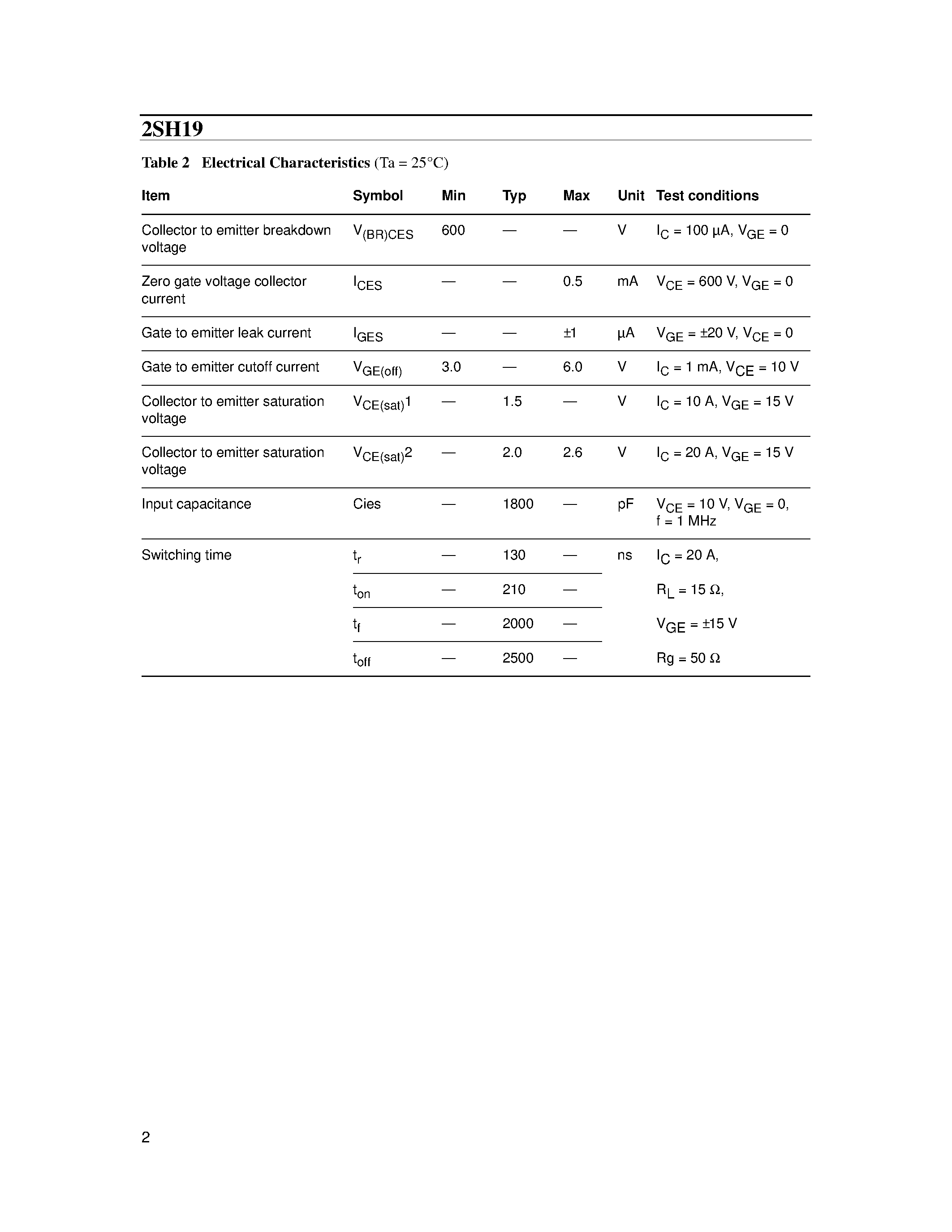 Datasheet 2SH19 page 2 Datasheet 2SH19 - Silicon N-Channel IGBT page 2