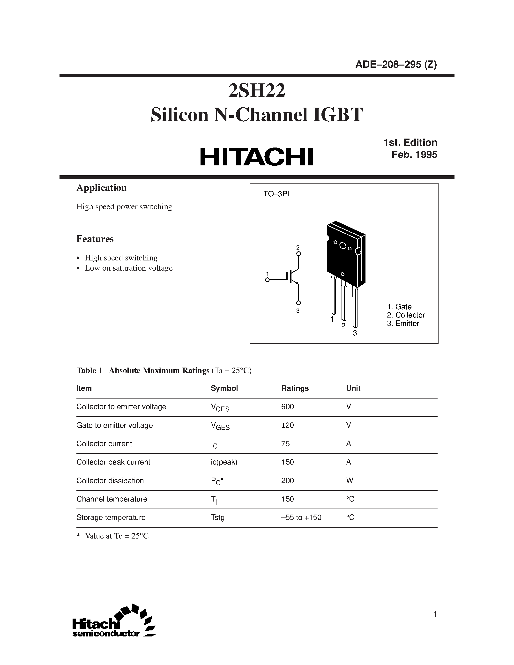 Datasheet 2SH22 - Silicon N-Channel IGBT page 1