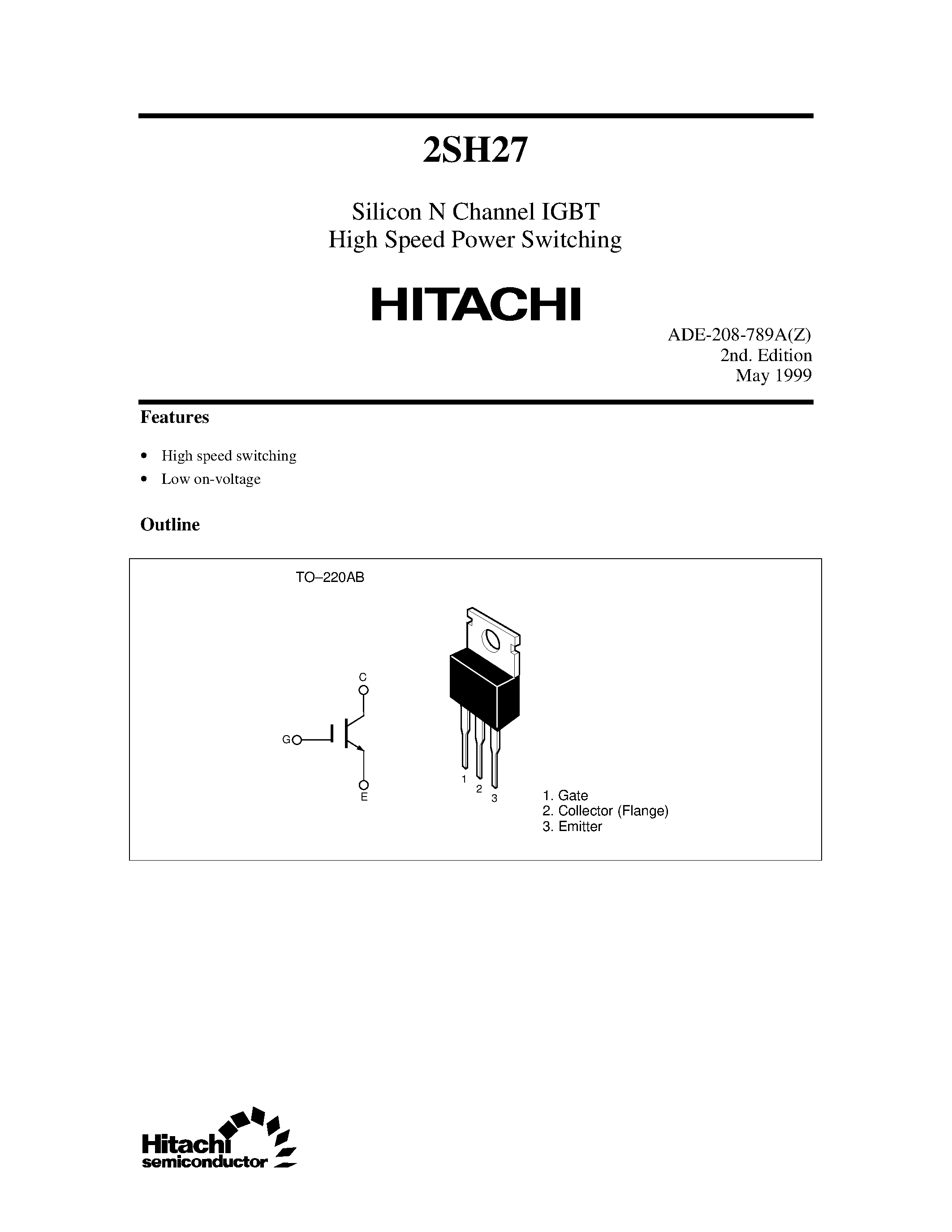 Datasheet 2SH27 - Silicon N Channel IGBT High Speed Power Switching page 1