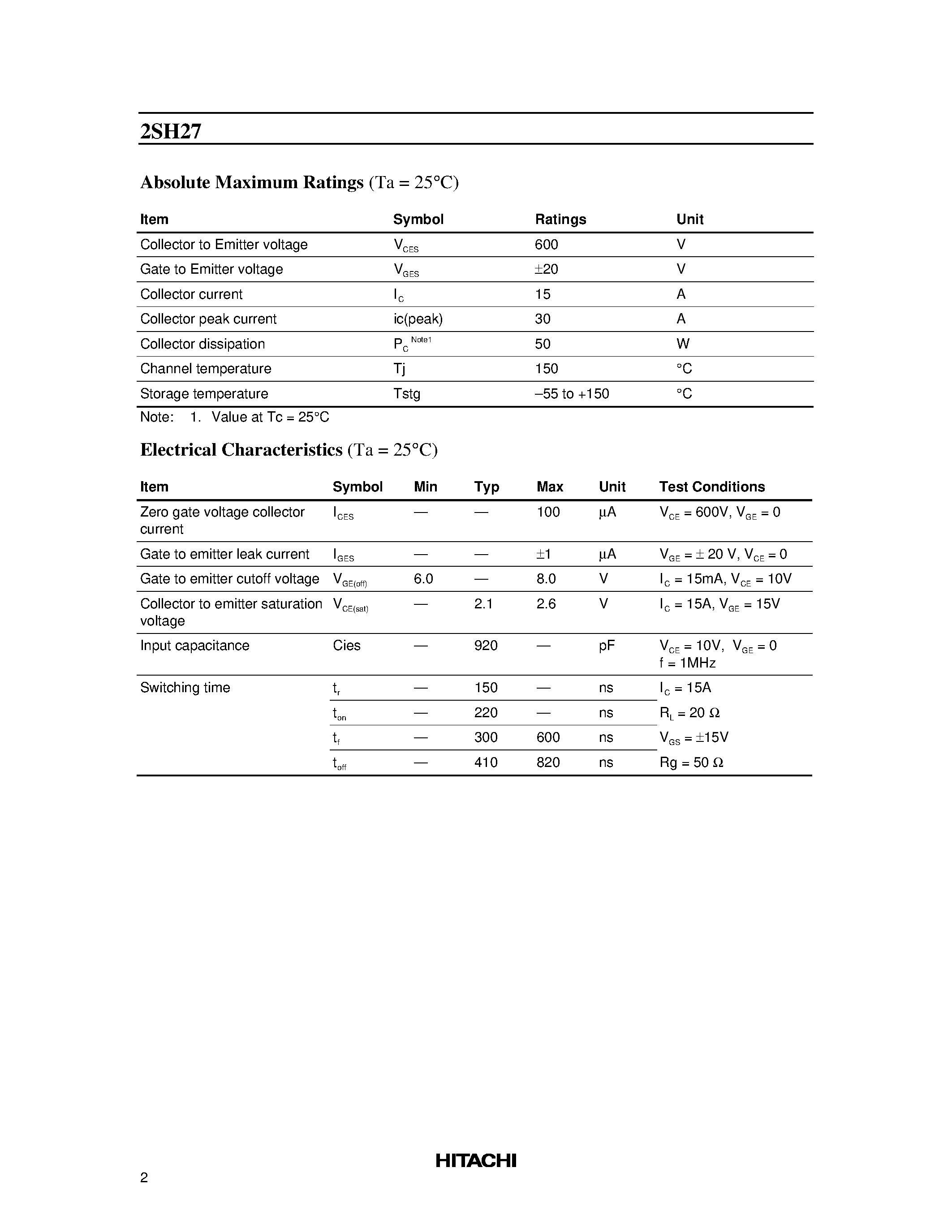 Datasheet 2SH27 - Silicon N Channel IGBT High Speed Power Switching page 2