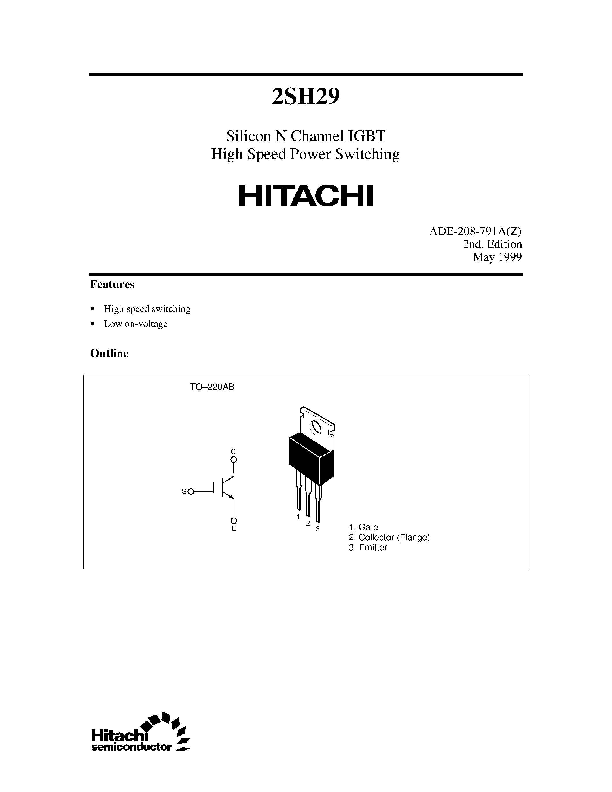 Datasheet 2SH29 - Silicon N Channel IGBT High Speed Power Switching page 1