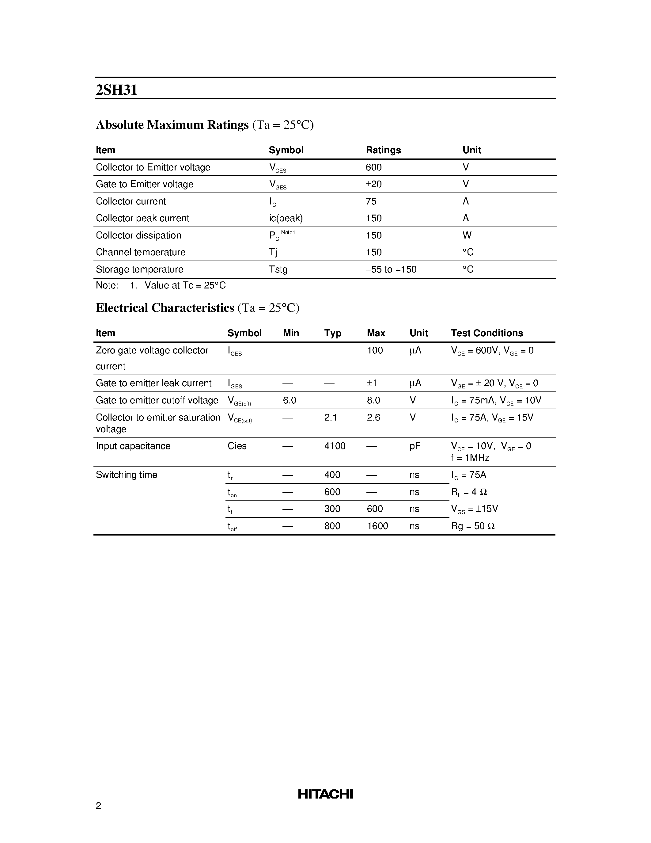Datasheet 2SH31 - Silicon N Channel IGBT High Speed Power Switching page 2