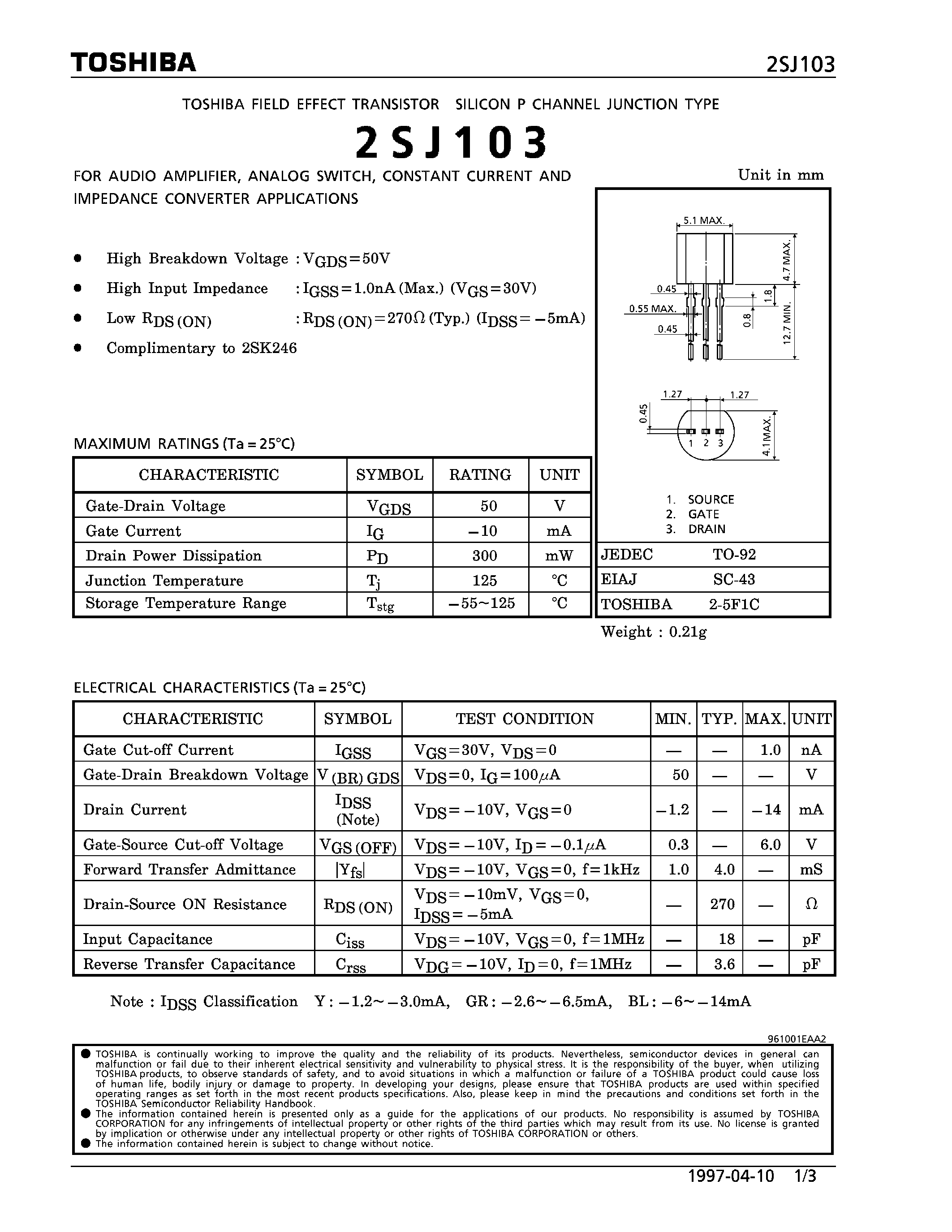 Datasheet 2SJ103 - P CHANNEL JUNCTION TYPE (FOR AUDIO AMPLIFIER / ANALOG SWITCH/ CONSTANT CURRENT AND IMPEDANCE CONVERTER APPLICATIONS) page 1
