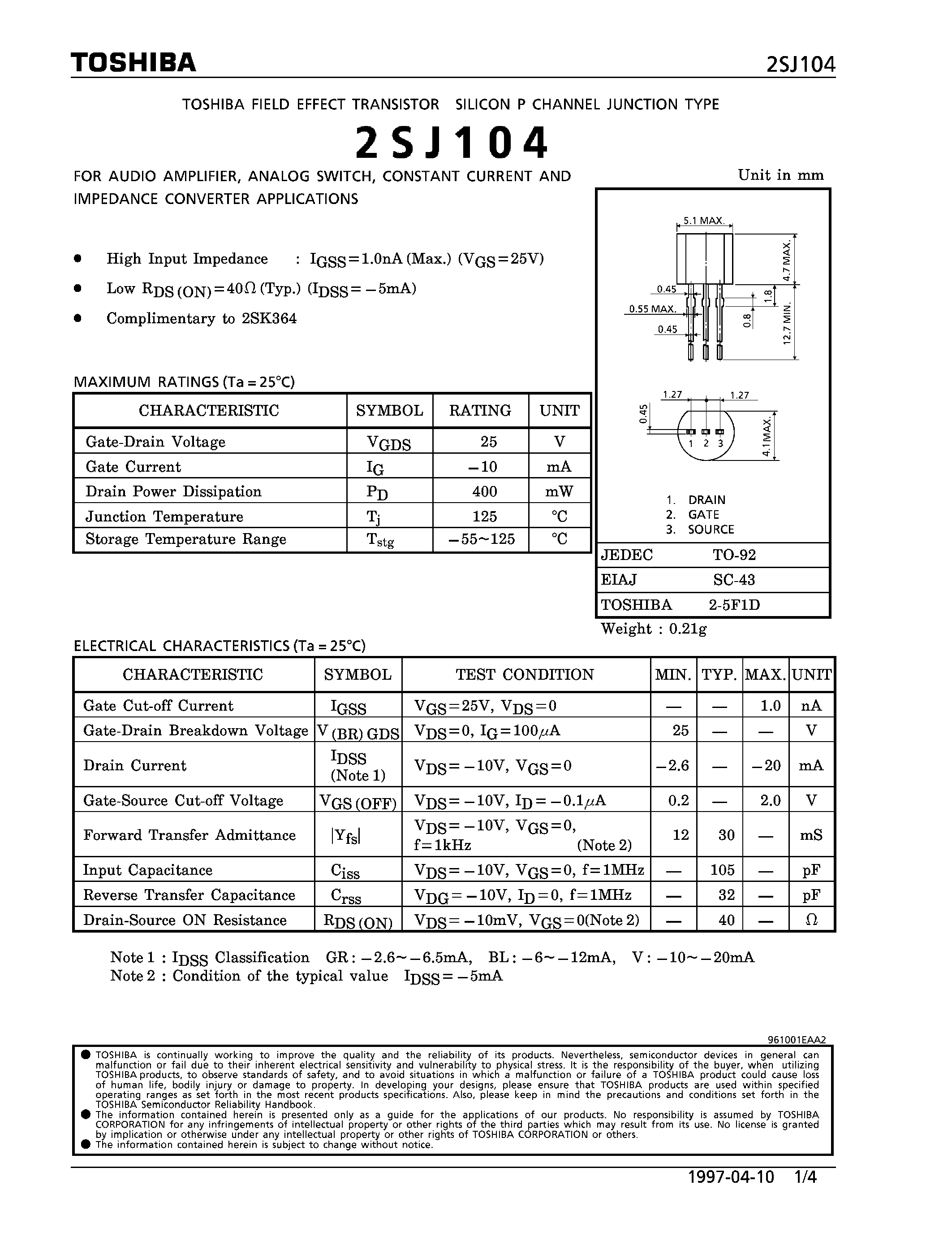 Datasheet 2SJ104 - P CHANNEL JUNCTION TYPE (FOR AUDIO AMPLIFIER/ ANALOG SWITCH/ CONSTANT CURRENT AND IMPEDANCE CONVERTER APPLICATIONS) page 1