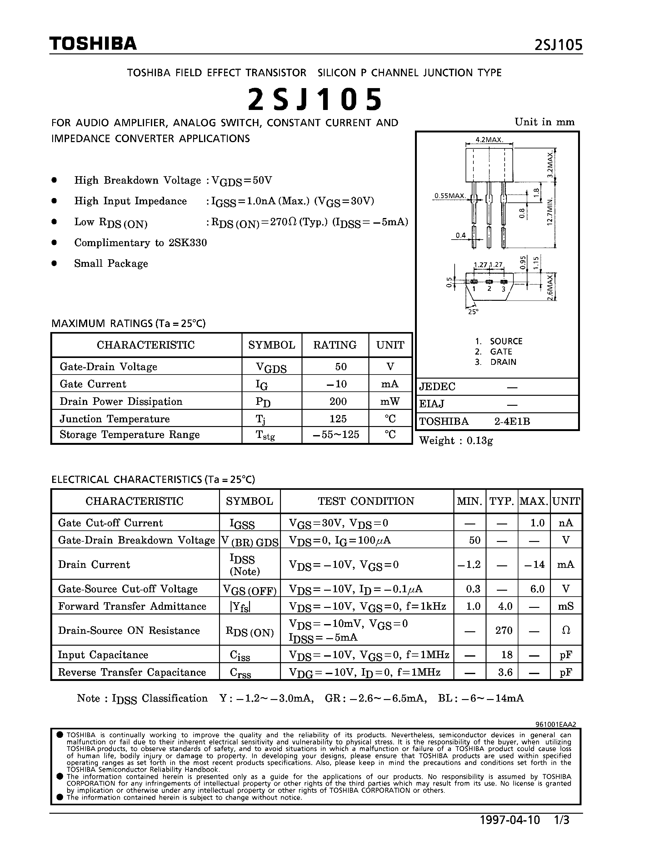 Datasheet 2SJ105 - P CHANNEL JUNCTION TYPE (FOR AUDIO AMPLIFIER/ ANALOG SWITCH/ CONSTANT CURRENT AND IMPEDANCE CONVERTER APPLICATIONS) page 1