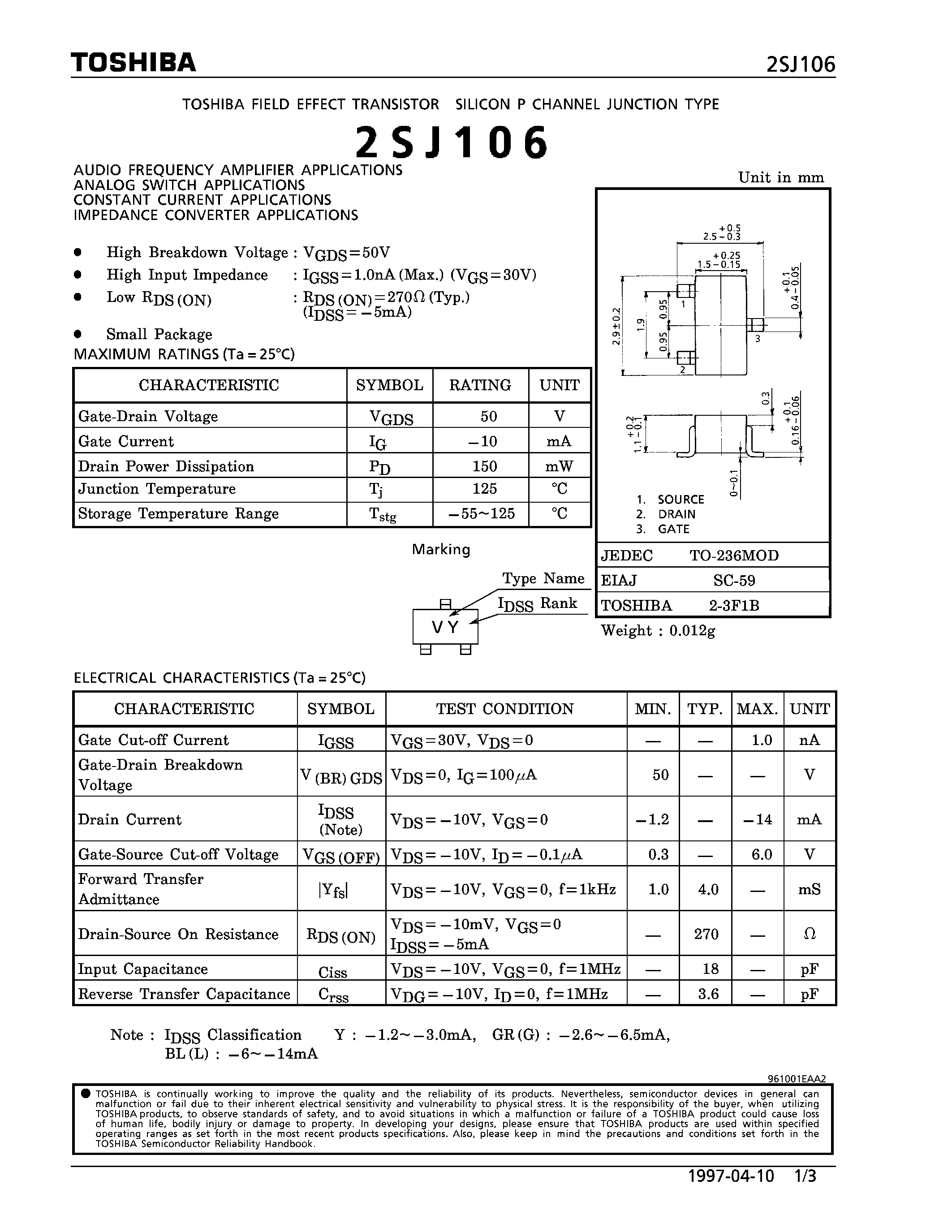 Datasheet 2SJ106 - P CHANNEL JUNCTION TYPE (AUDIO FREQUENCY AMPLIFIER APPLICATIONS) page 1