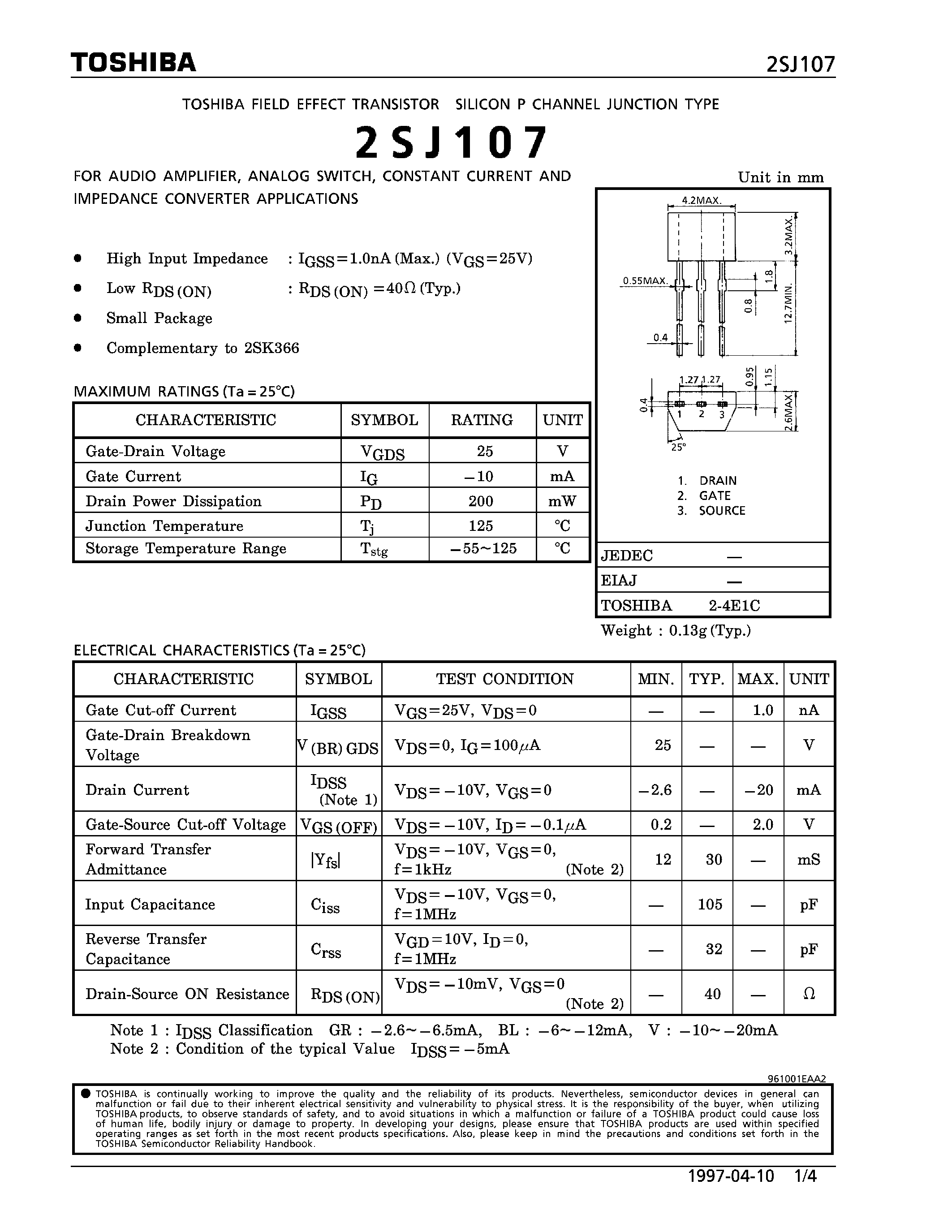 Datasheet 2SJ107 - P CHANNEL JUNCTION TYPE (FOR AUDIO AMPLIFIER/ ANALOG SWITCH/ CONSTANT CURRENT AND IMPEDANCE CONVERTER APPLICATIONS) page 1