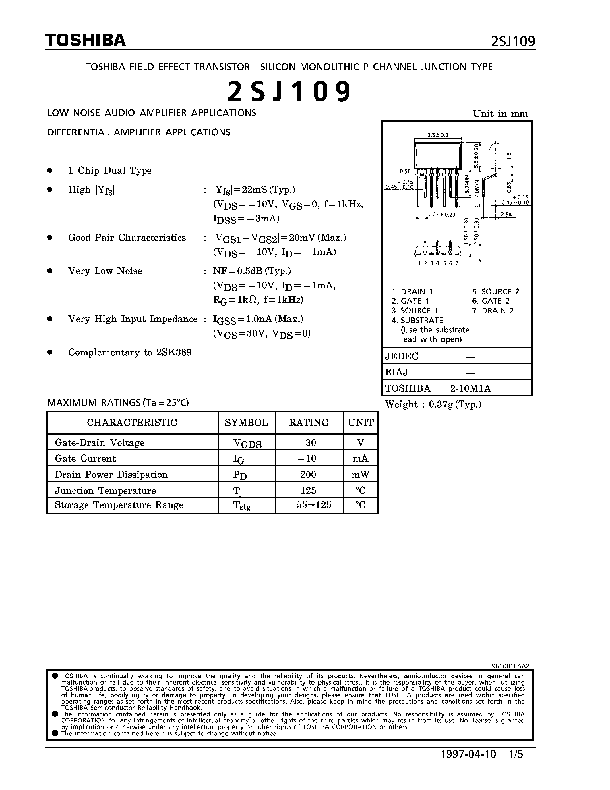 Datasheet 2SJ109 - P CAHNNEL JUNCTION TYPE (LOW NOISE AUDIO AMPLIFIER/ DIFFERENTIAL AMPLIFIER APPLICATIONS) page 1