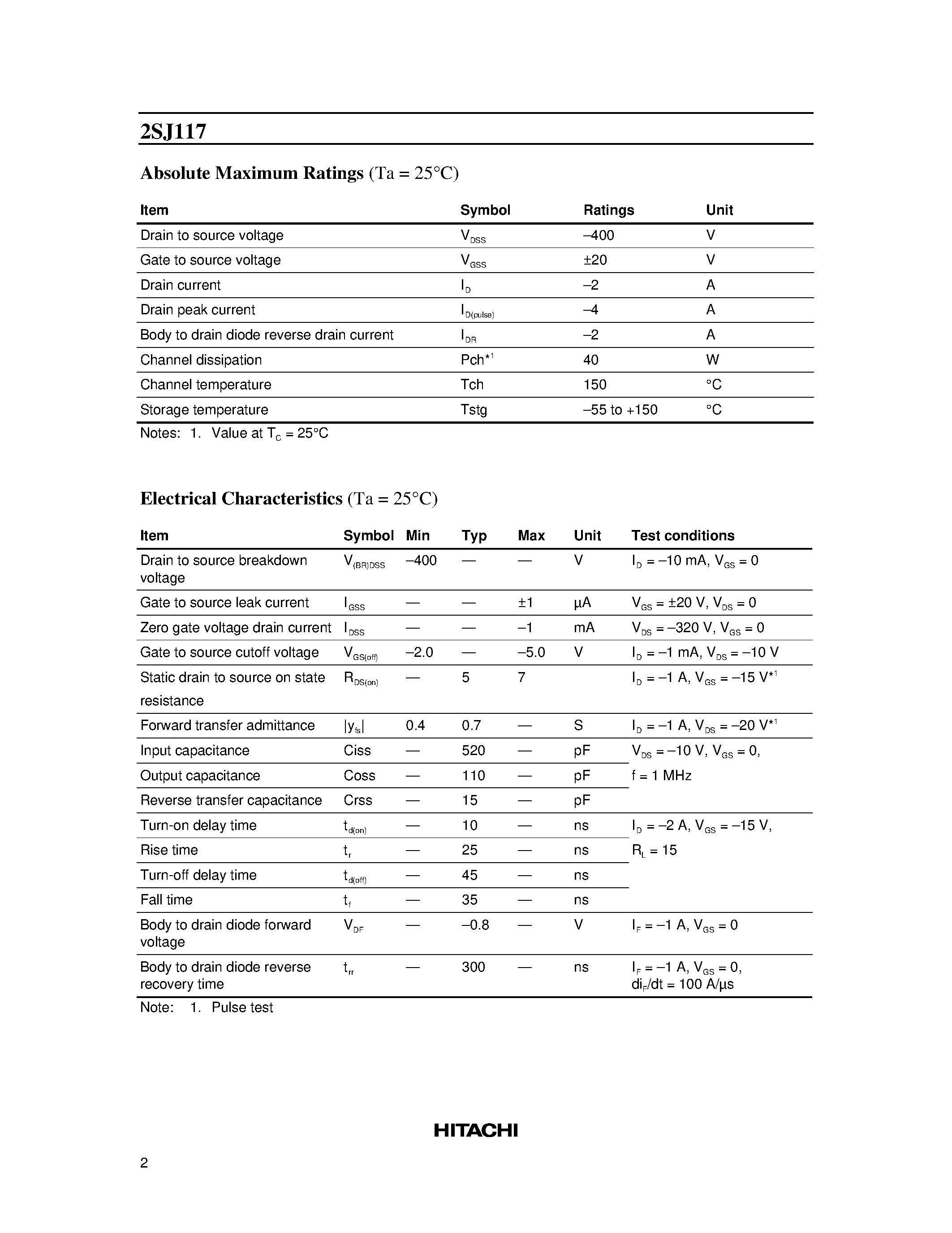 Datasheet 2SJ117 page 2 Datasheet 2SJ117 - Silicon P-Channel MOS FET page 2