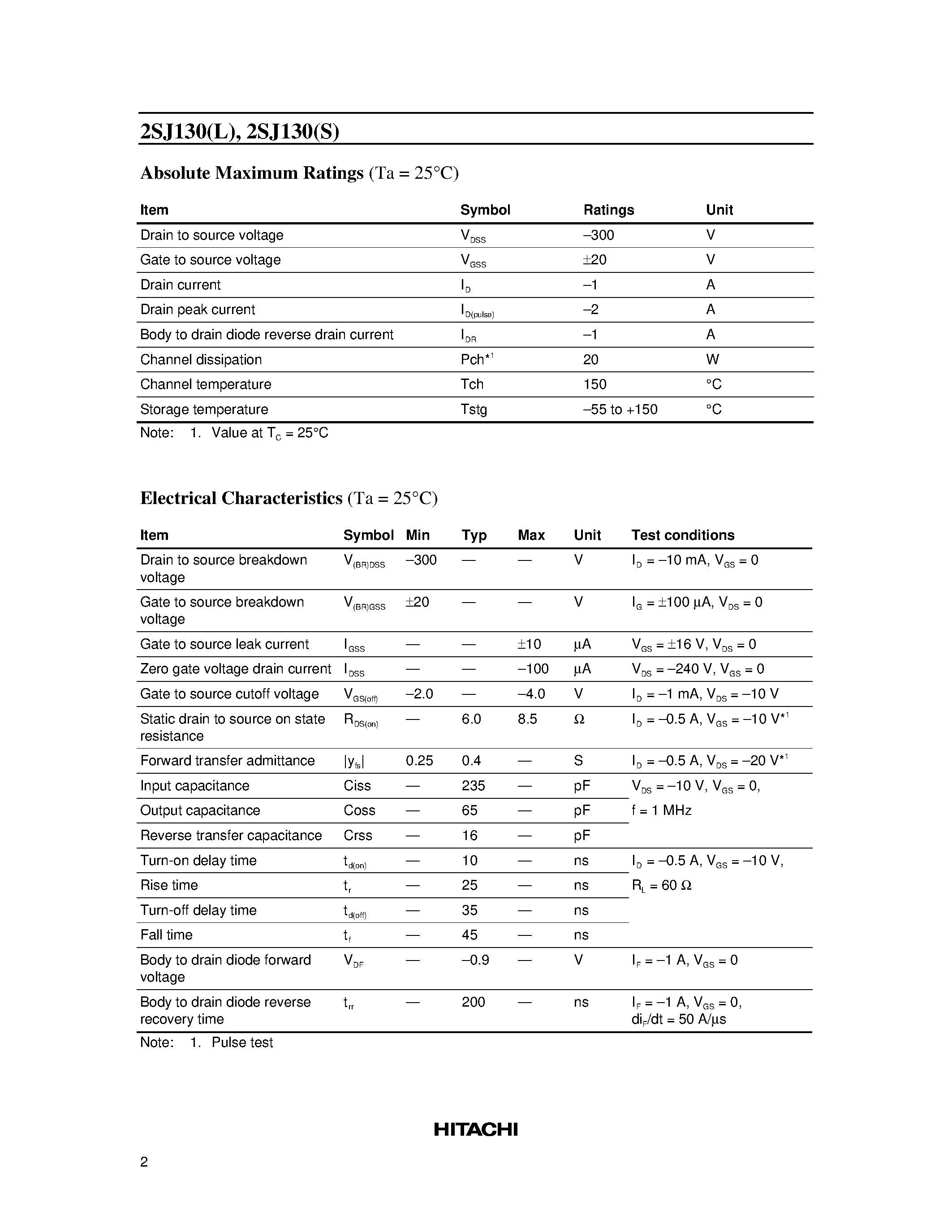 Datasheet 2SJ130L - Silicon P-Channel MOS FET page 2