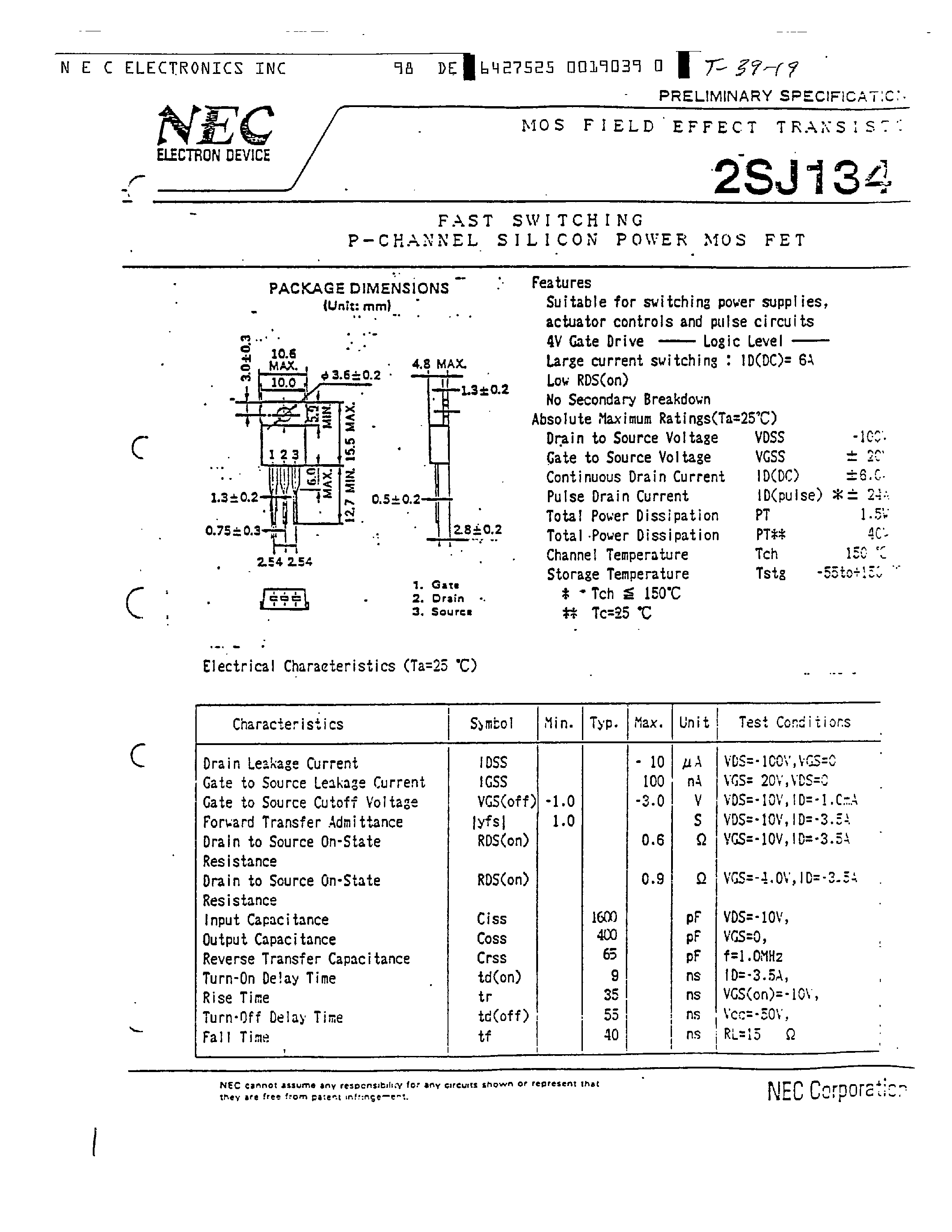 Datasheet 2SJ134 page 1 Datasheet 2SJ134 - MOS FIELD EFFECT TRANSISTOR page 1