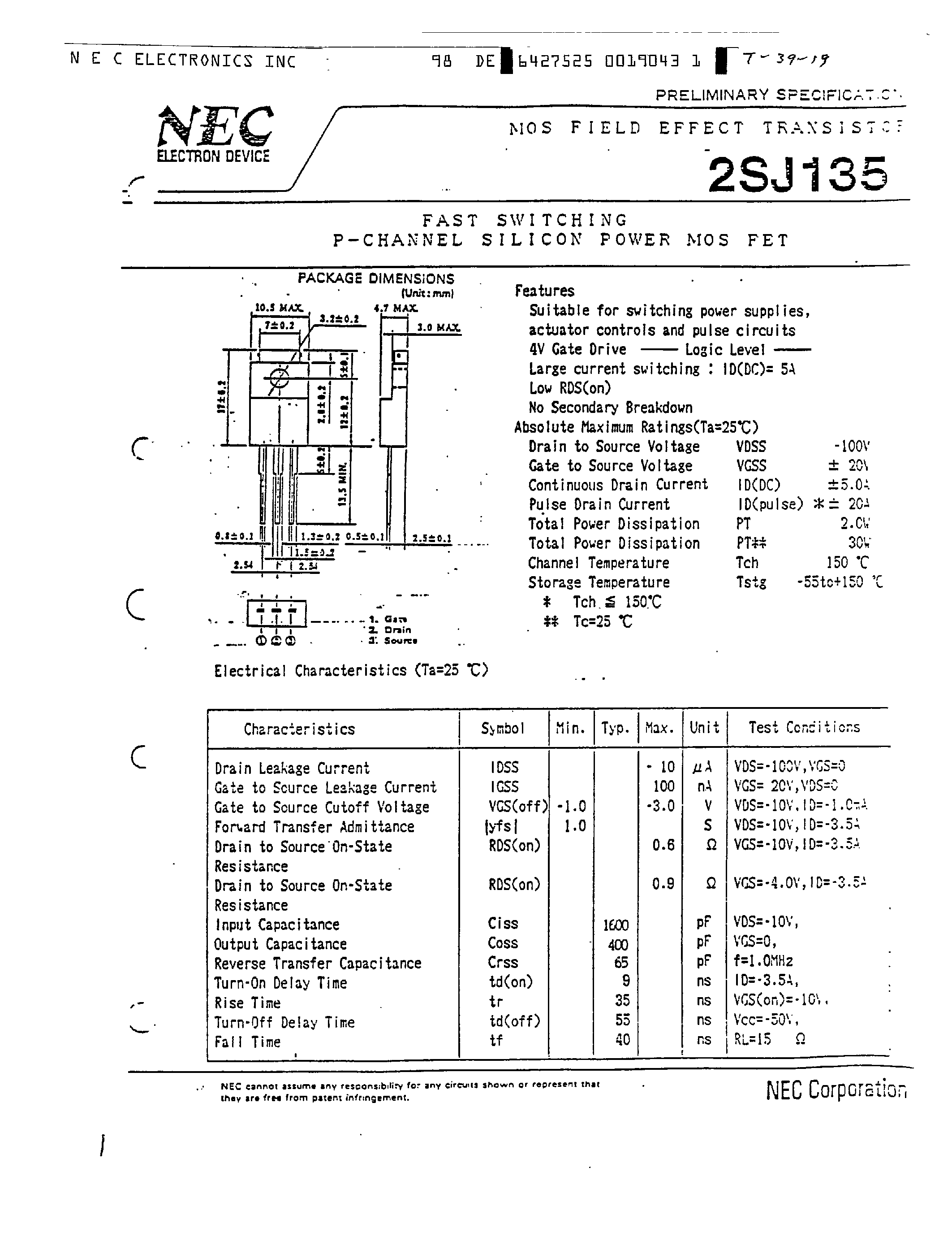 Datasheet 2SJ135 - FAST SWITCHING P-CHANNEL SILICON POWER MOS FET page 1