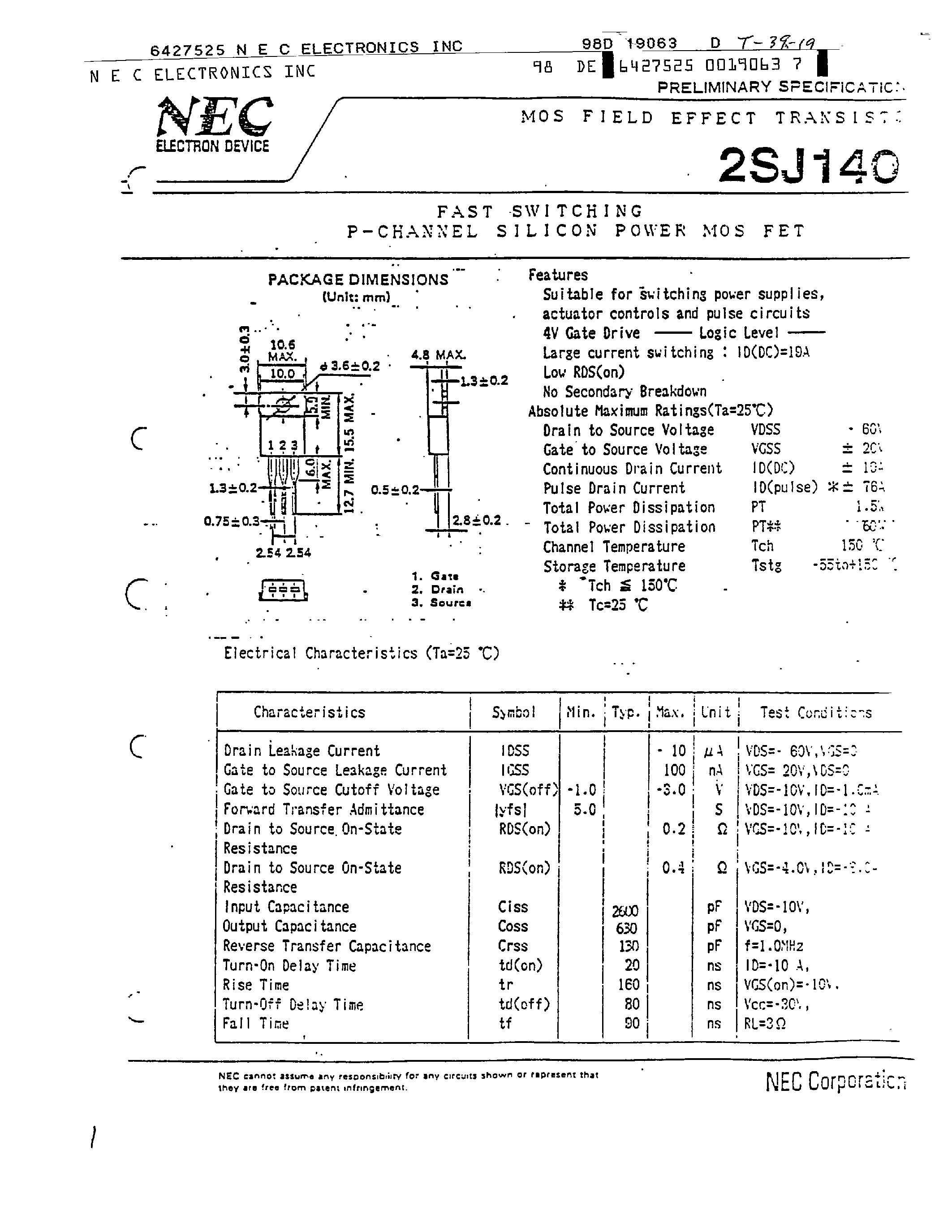Datasheet 2SJ140 - FAST SWITCHING P - CHANNEL SILICON POWER MOS FET page 1