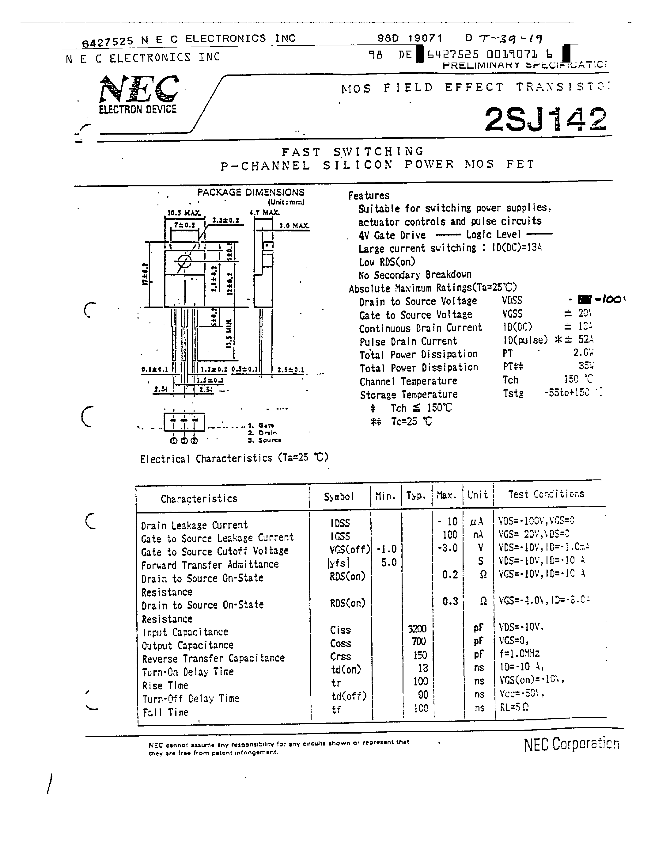 Даташит 2SJ142 - FAST SWITCHING P-CHANNEL SILICON POWER MOSFET страница 1