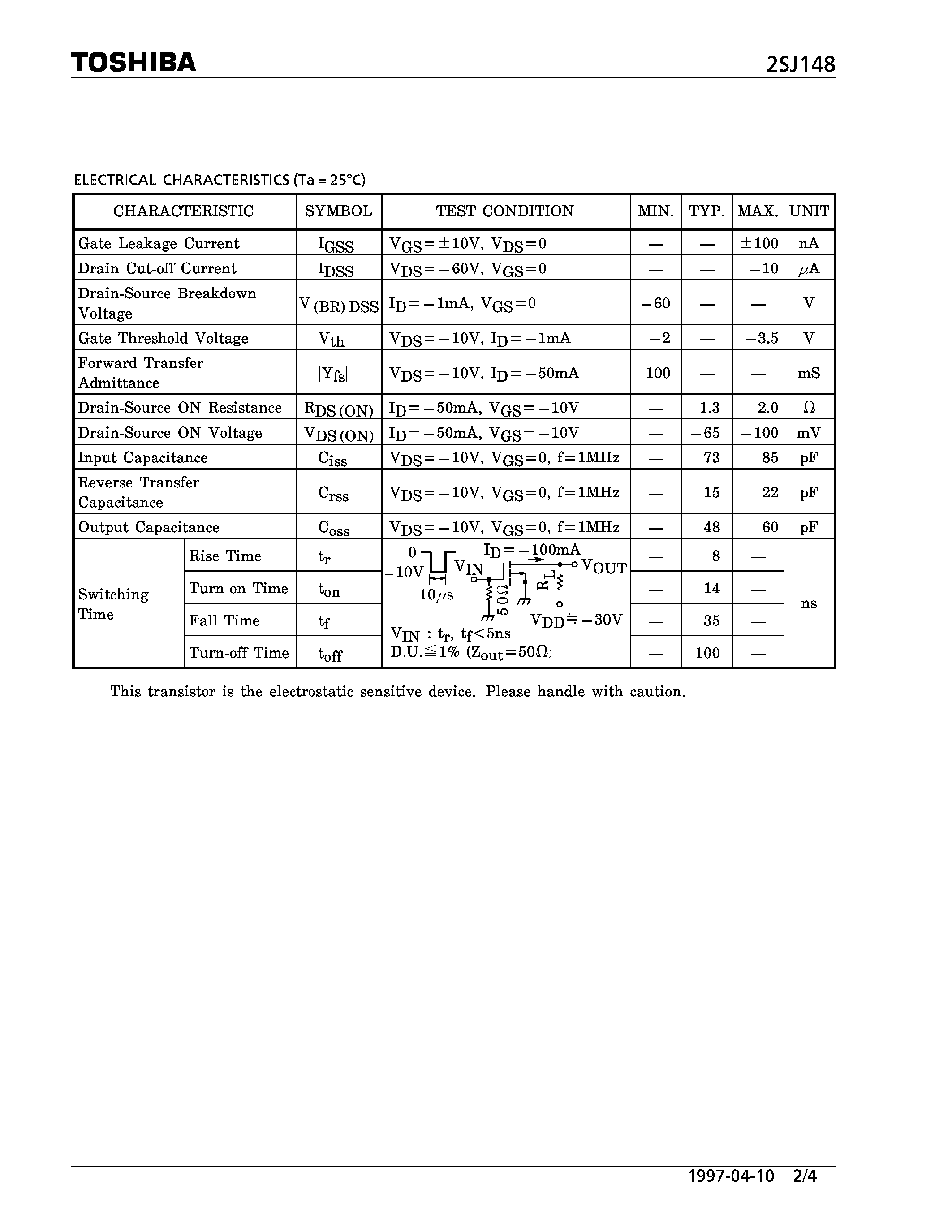 Datasheet 2SJ148 page 2 Datasheet 2SJ148 - P CHANNEL MOS TYPE (HGIH SPEED SWITCHING/ ANALOG SWITCH/ INTERFACE APPLICATIONS) page 2