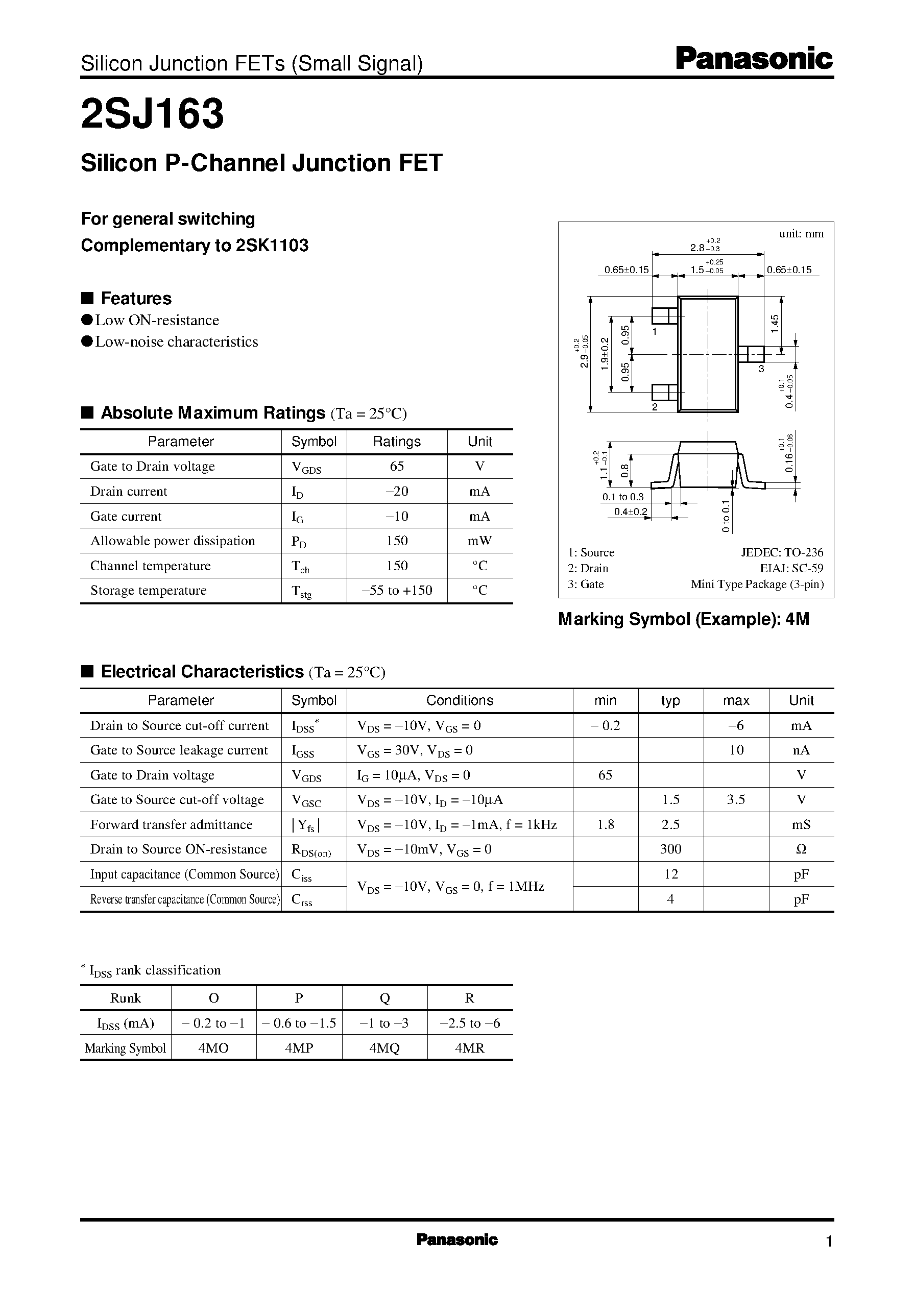 Даташит на микросхему 2SJ163 страница 1 Даташит 2SJ163 - Silicon P-Channel Junction FET страница 1