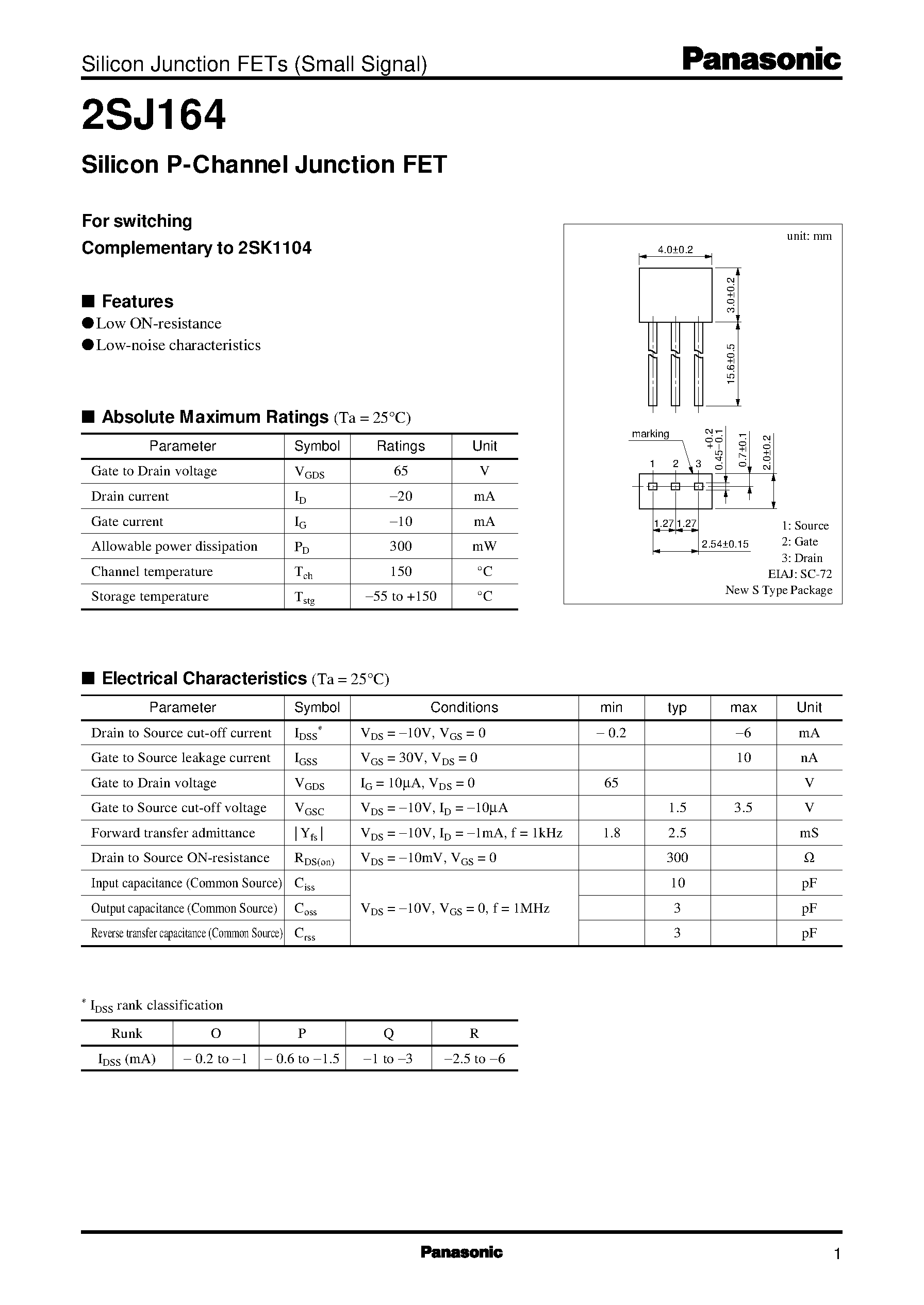Даташит на микросхему 2SJ164 страница 1 Даташит 2SJ164 - Silicon P-Channel Junction FET страница 1
