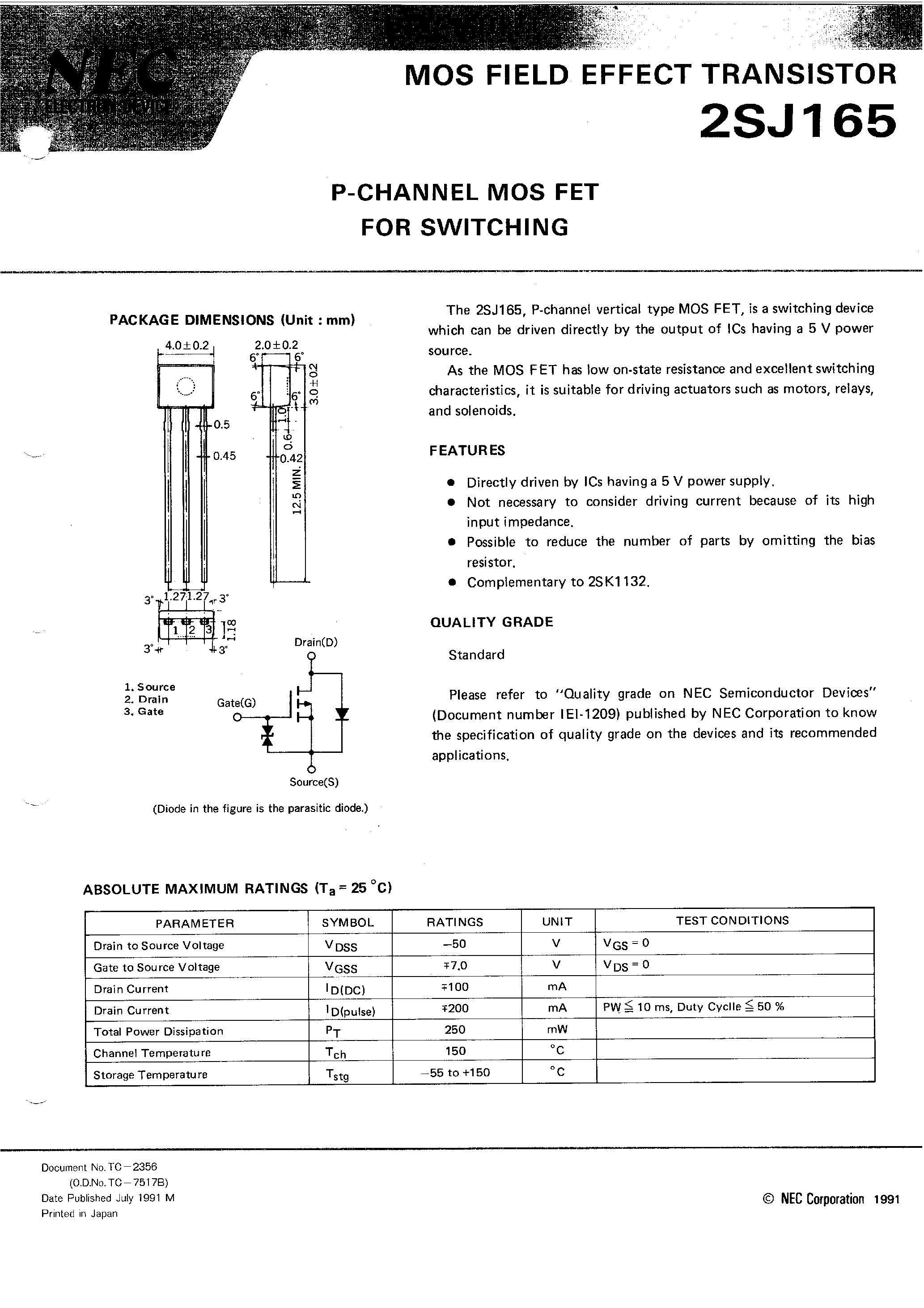 Даташит 2SJ165 - P-CHANNEL MOS FET FOR SWITCHING страница 1