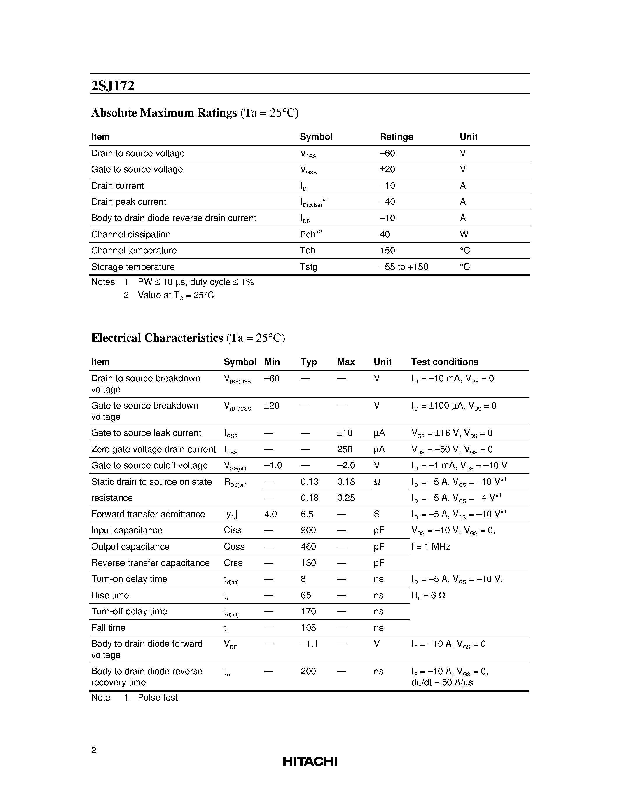Datasheet 2SJ172 page 2 Datasheet 2SJ172 - Silicon P-Channel MOS FET page 2