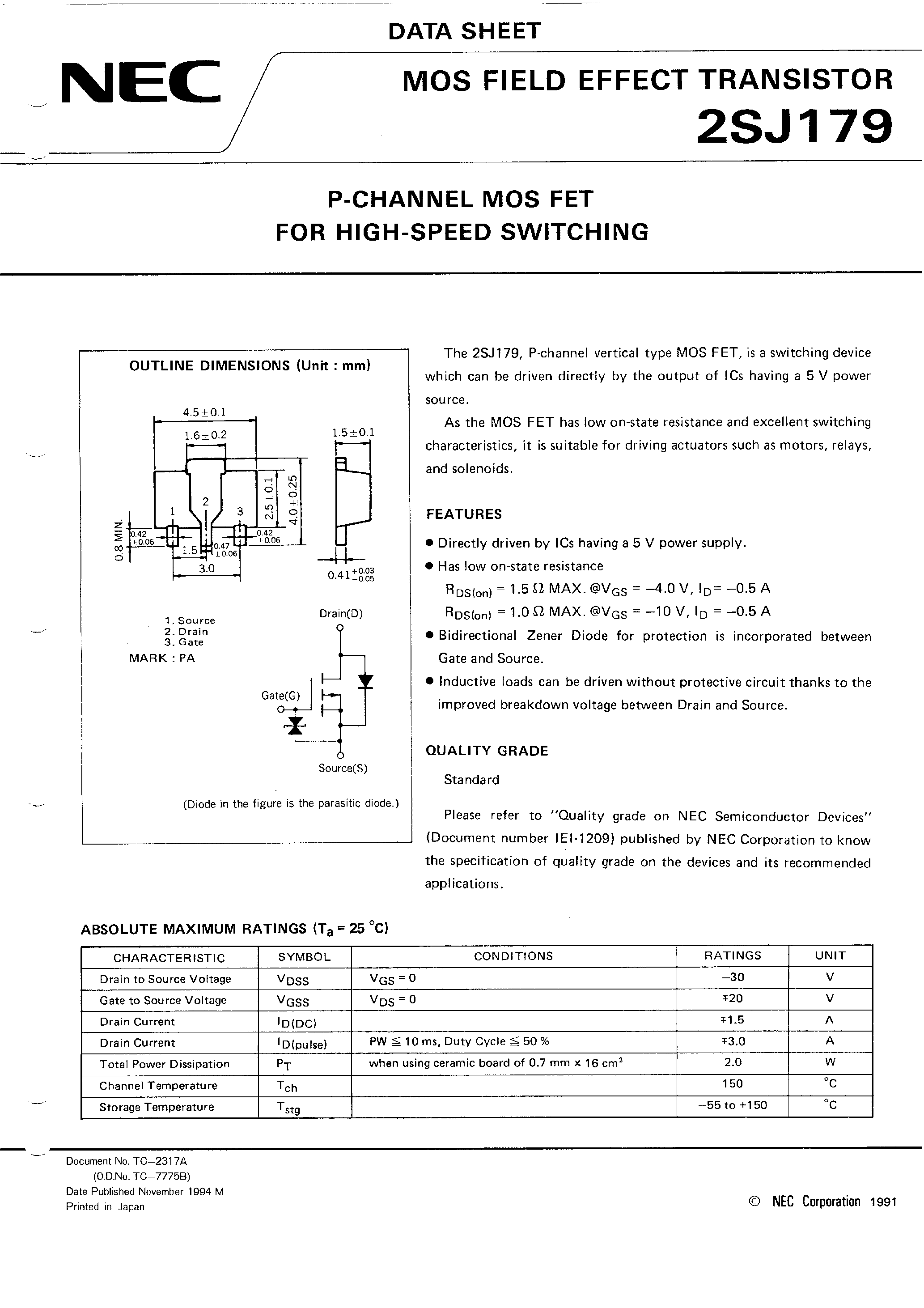 Datasheet 2SJ179 page 1 Datasheet 2SJ179 - P-CHANNEL MOS FET FOR HIGH SPEED SWITCHING page 1