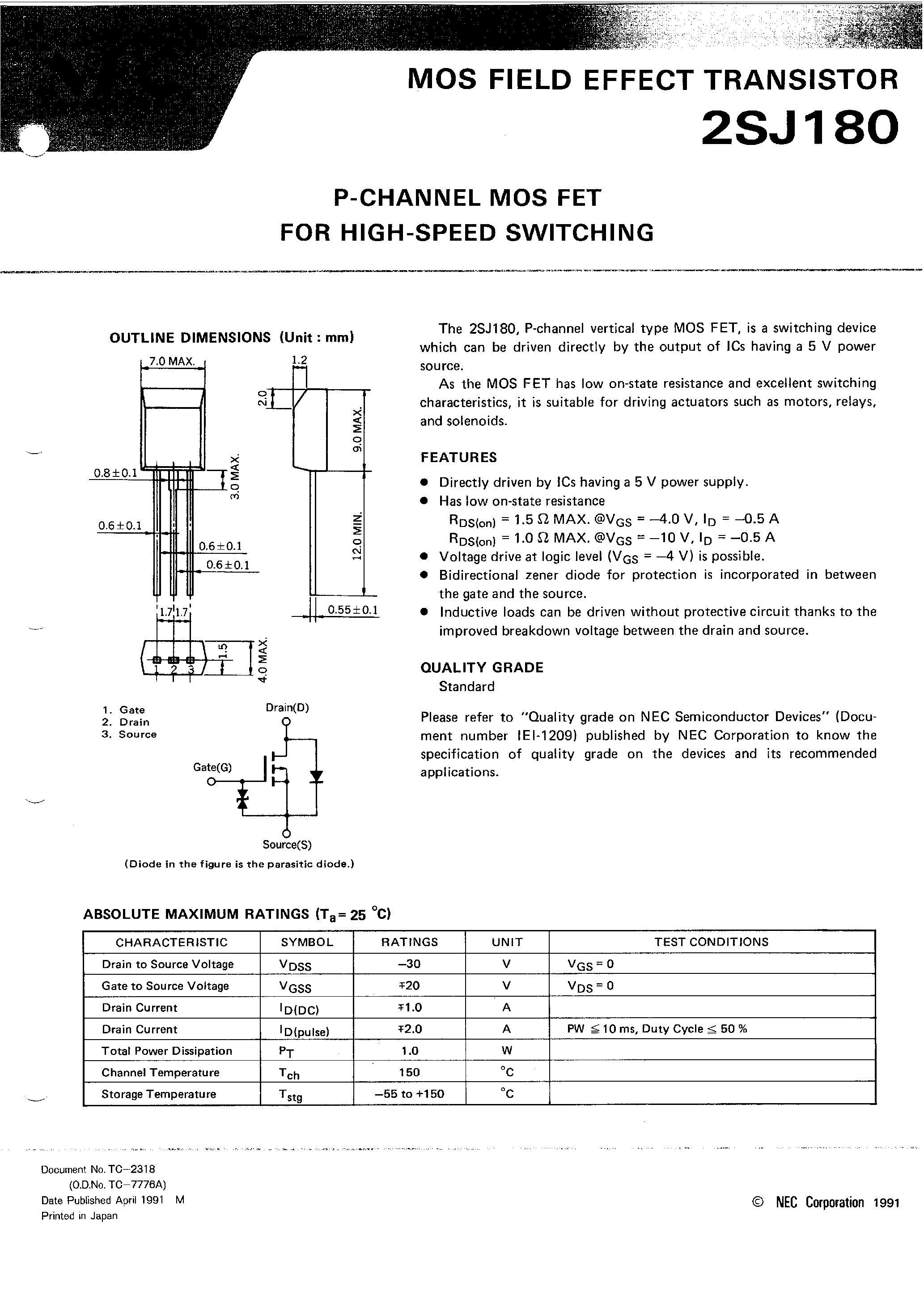 Datasheet 2SJ180 page 1 Datasheet 2SJ180 - P-CHANNEL MOS FET FOR HIGH SPEED SWITCHING page 1