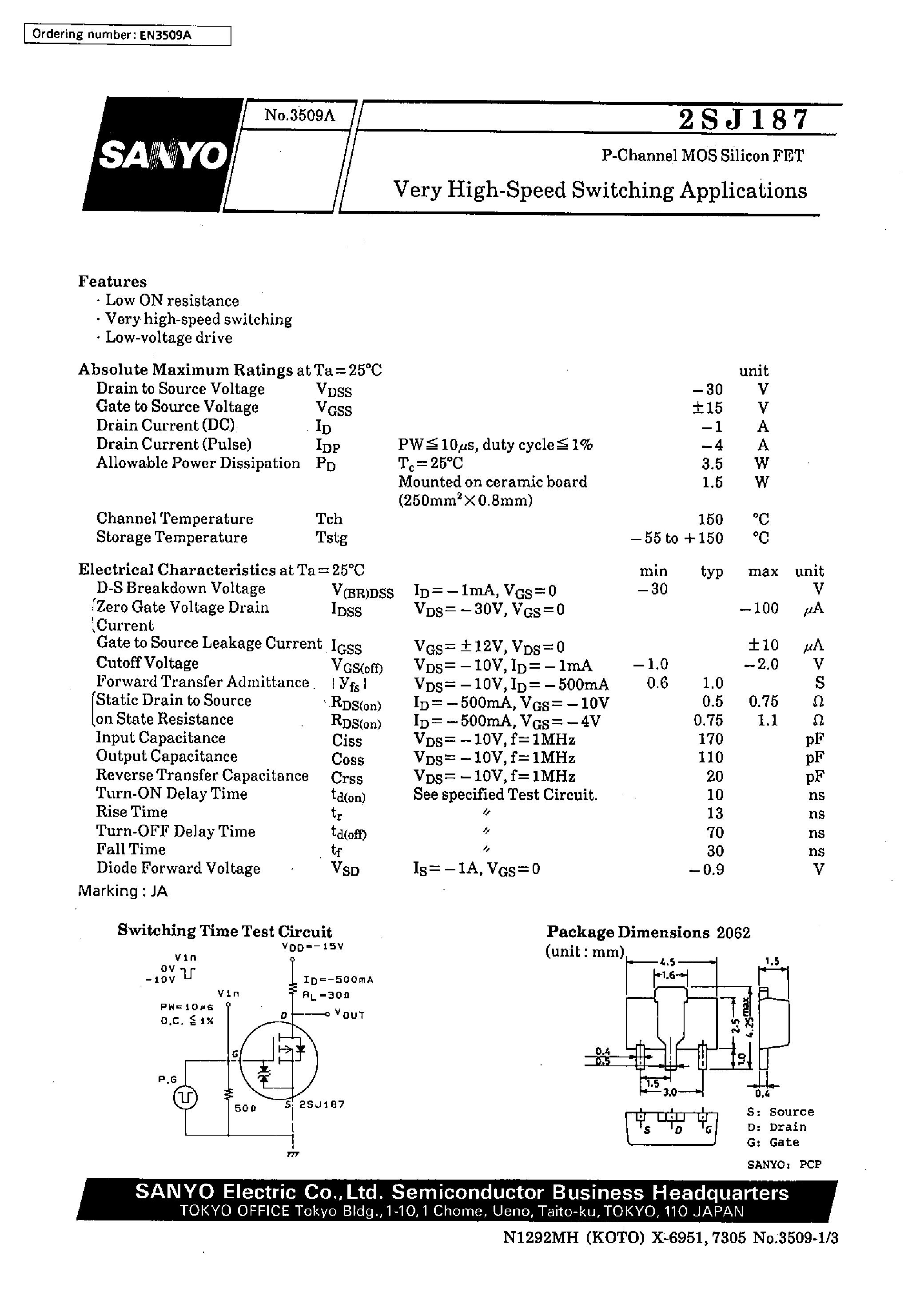 Даташит 2SJ187 - Very High-Speed Switching Applications страница 1
