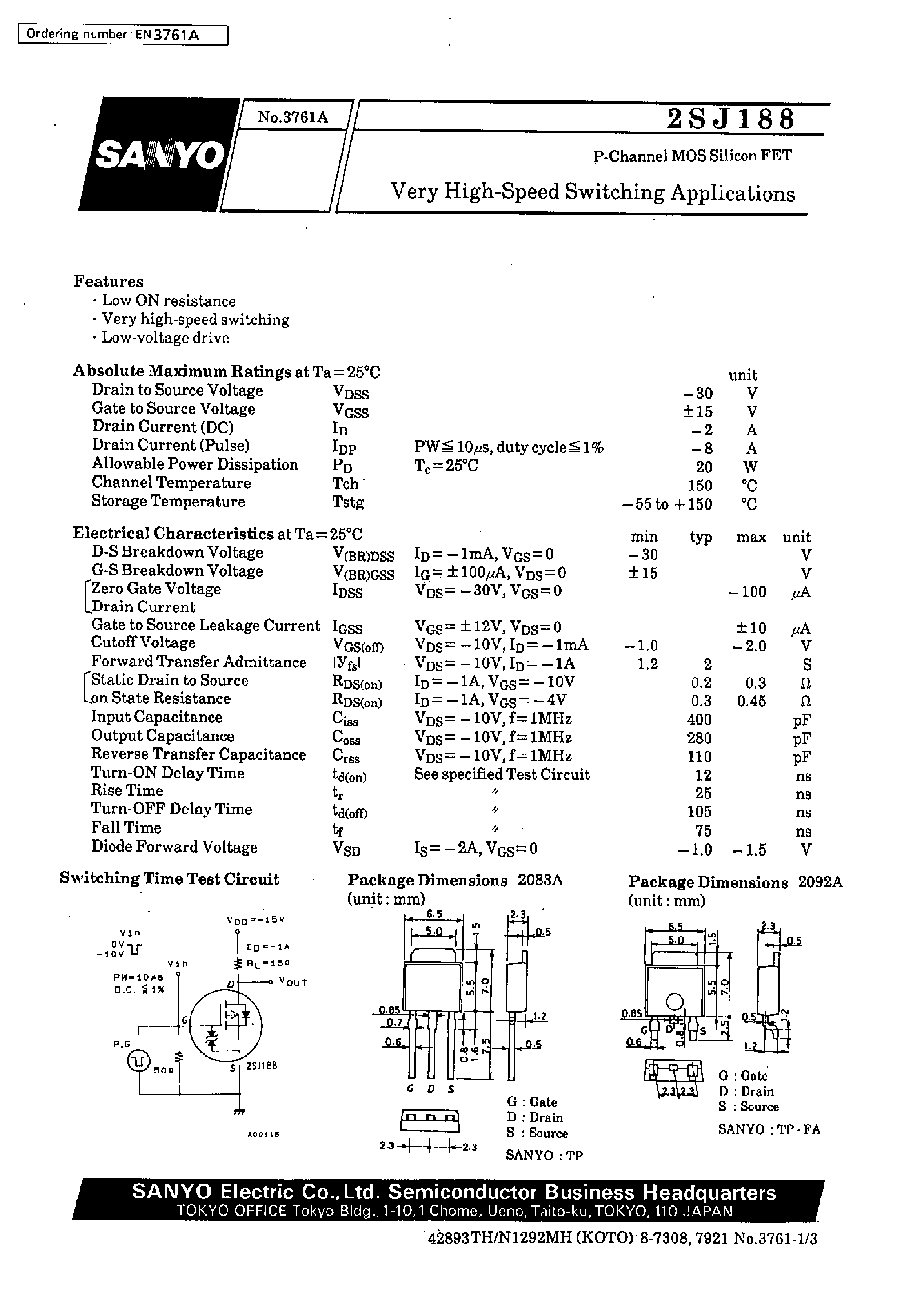 Даташит 2SJ188 - Very High-Speed Switching Applications страница 1
