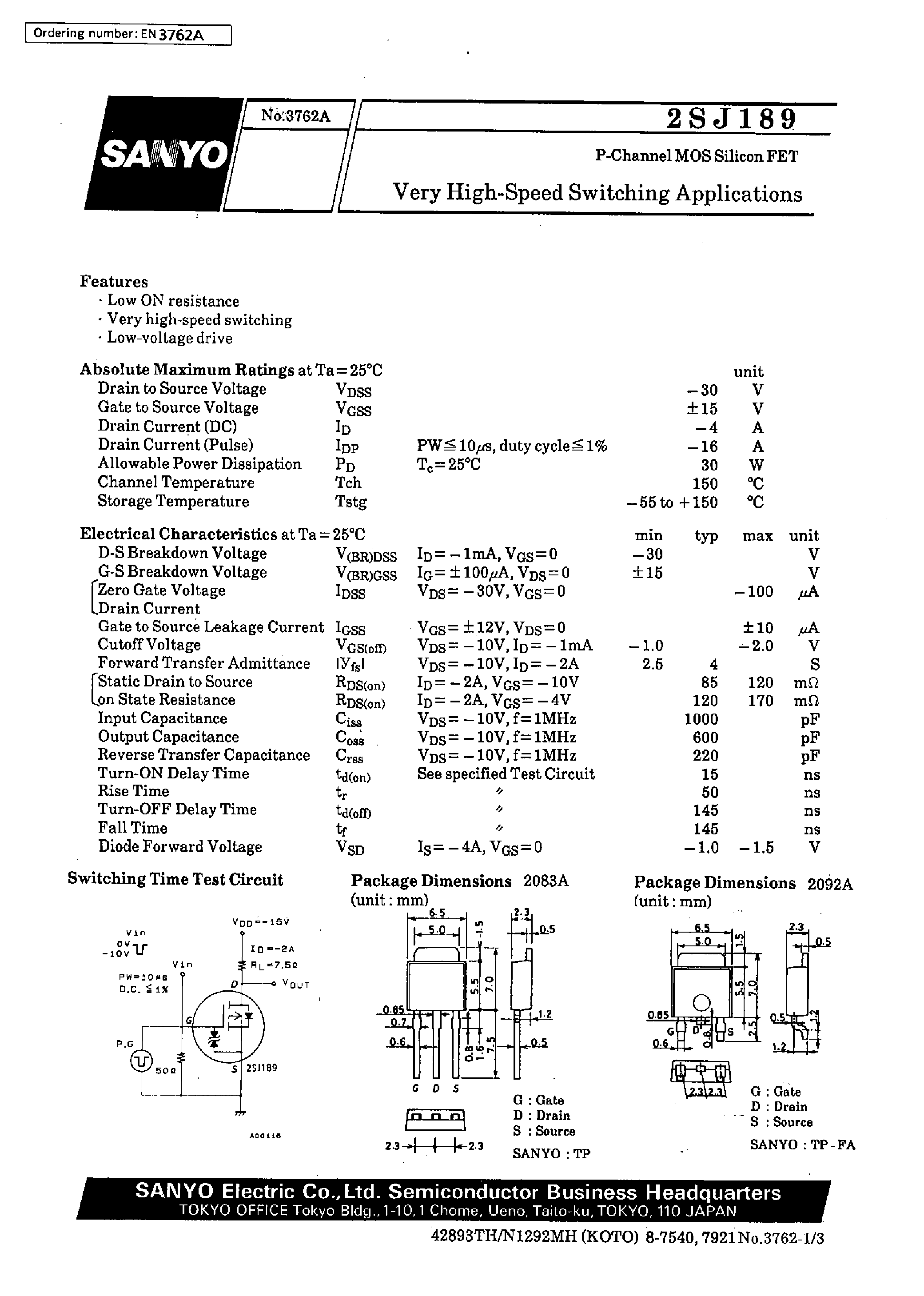 Даташит 2SJ189 - Very High-Speed Switching Applications страница 1