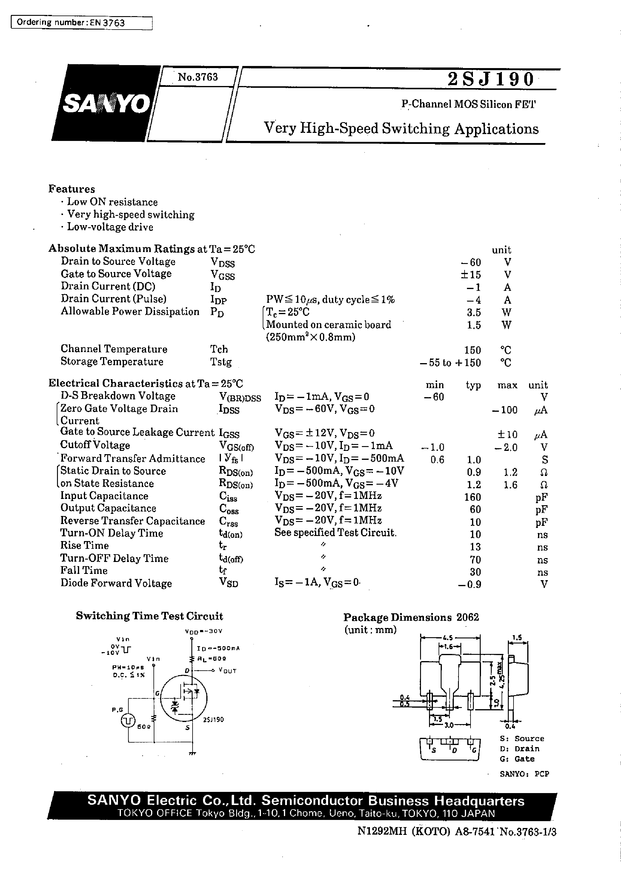 Даташит 2SJ190 - Very High-Speed Switching Applications страница 1