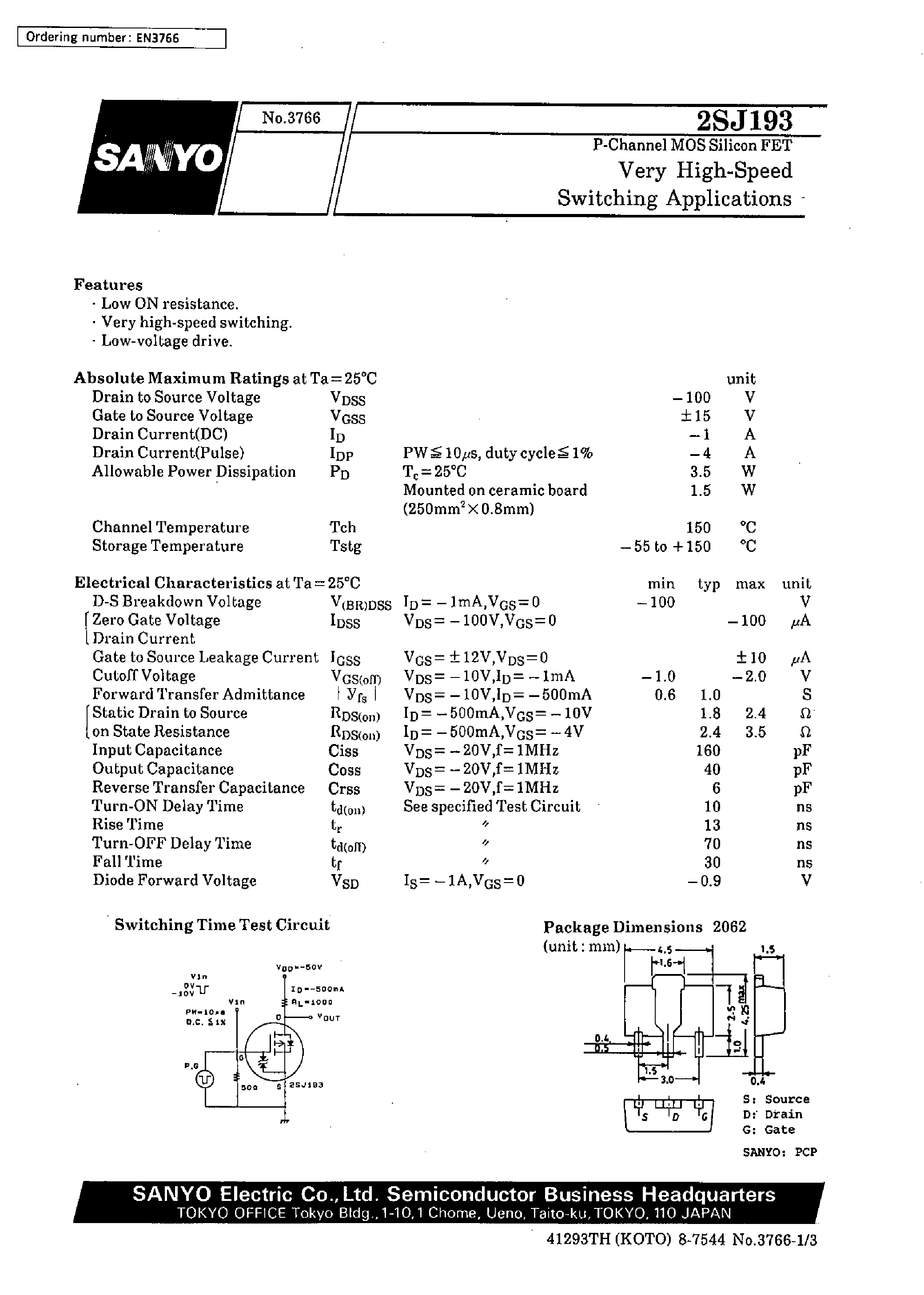 Даташит 2SJ193 - Very High-Speed Switching Applications страница 1
