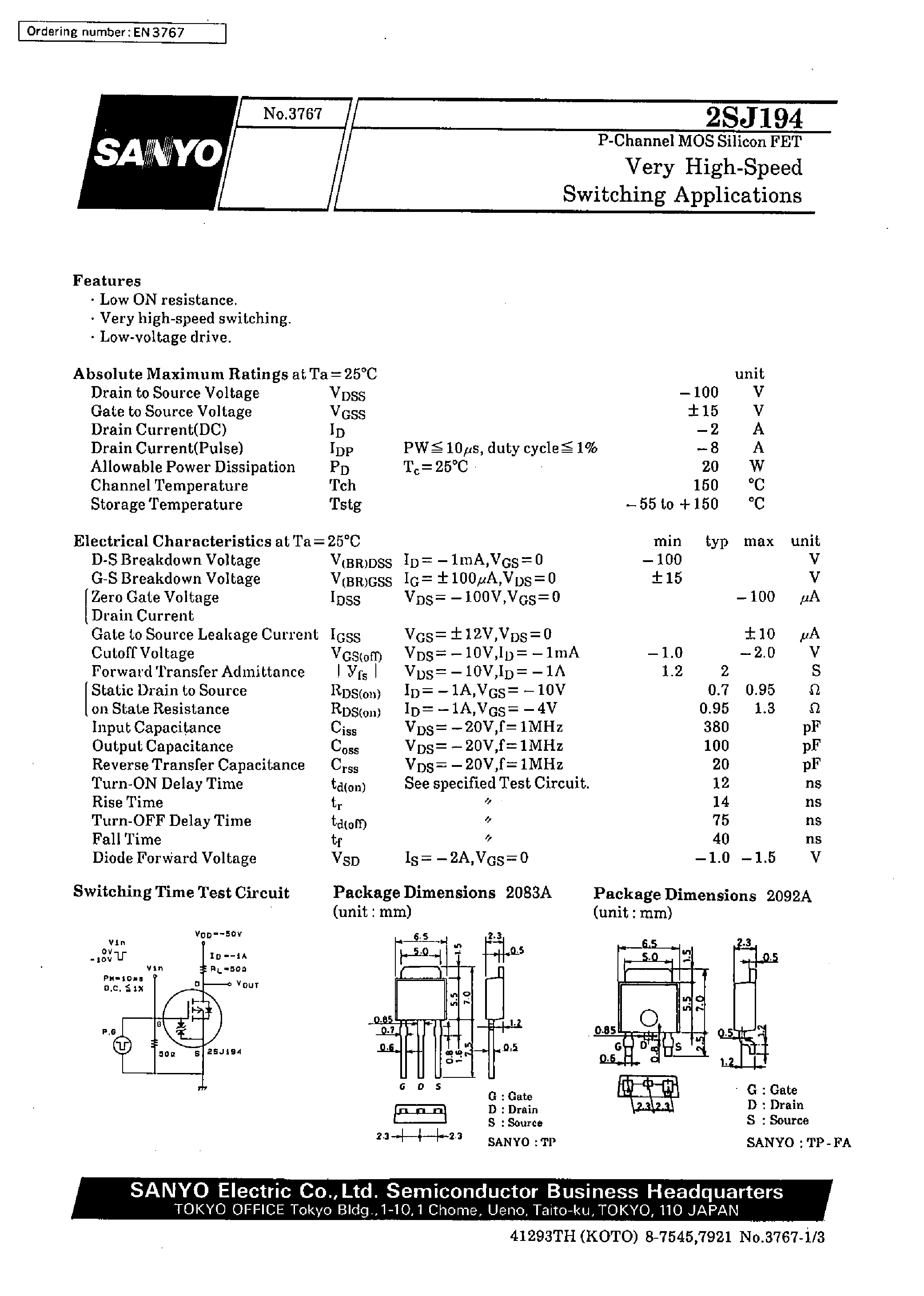 Даташит 2SJ194 - Very High-Speed Switching Applications страница 1