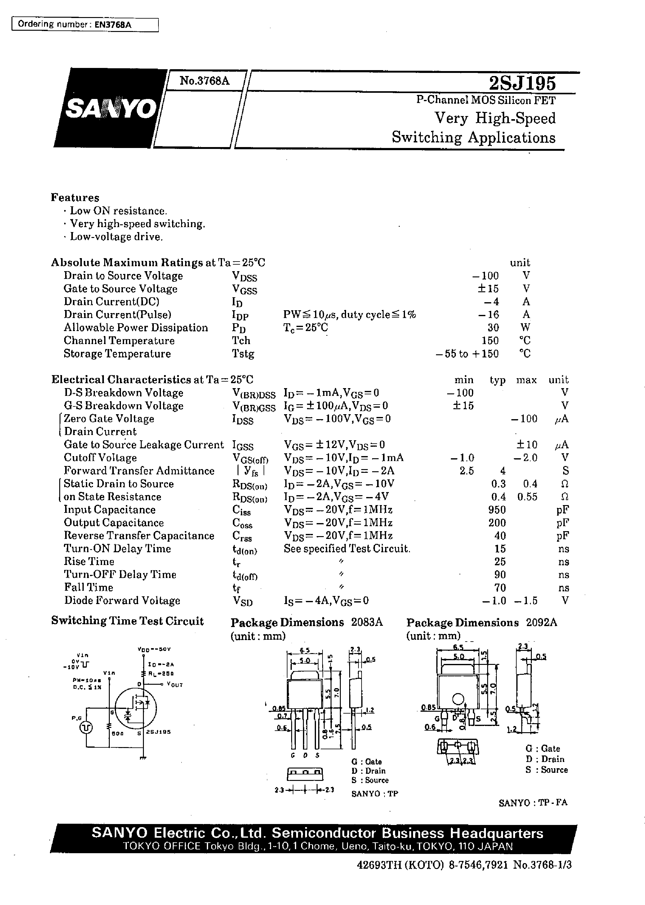 Даташит 2SJ195 - Very High-Speed Switching Applications страница 1