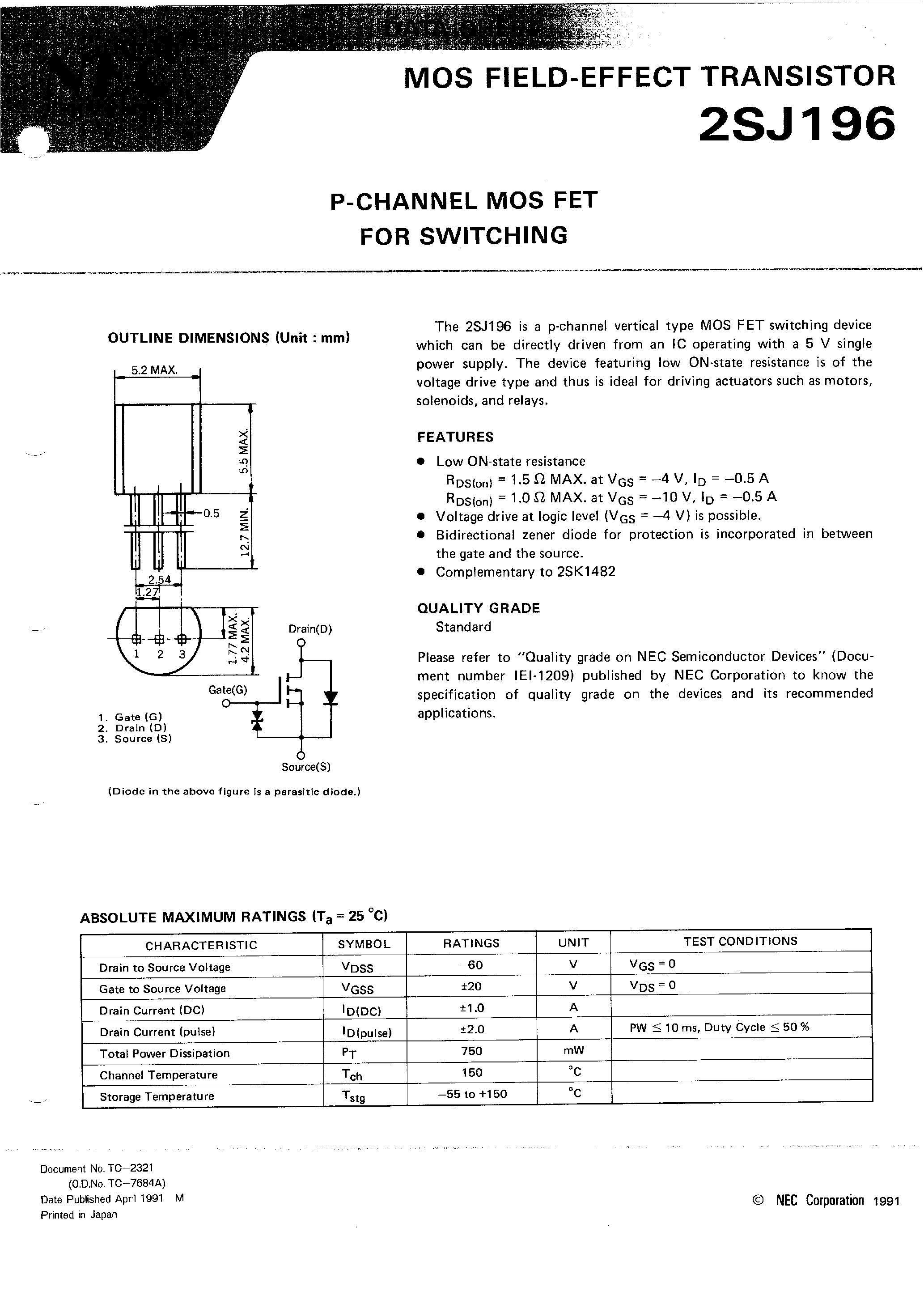Datasheet 2SJ196 page 1 Datasheet 2SJ196 - P-CHANNEL MOS FET FOR SWITCHING page 1