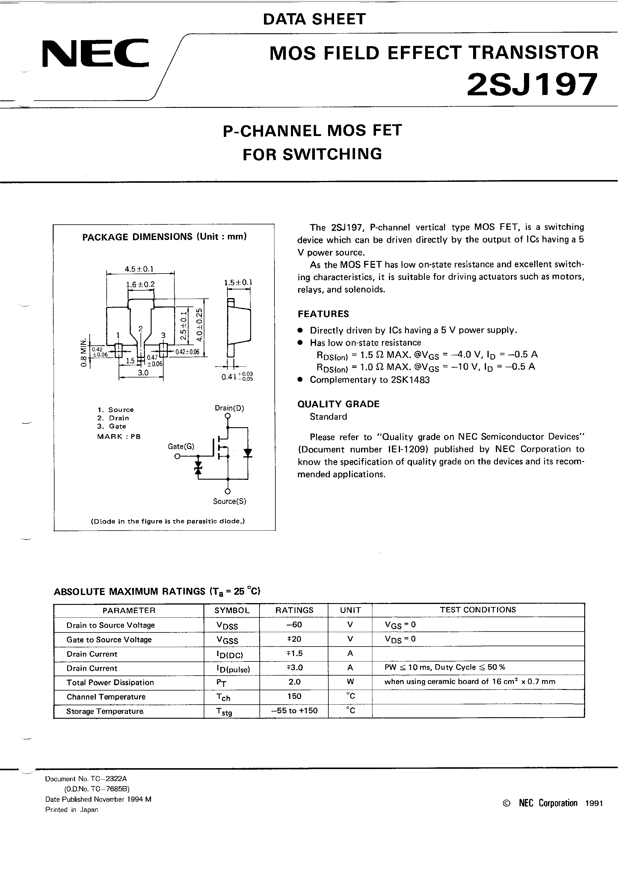Datasheet 2SJ197 page 1 Datasheet 2SJ197 - P-CHANNEL MOS FET FOR SWITCHING page 1