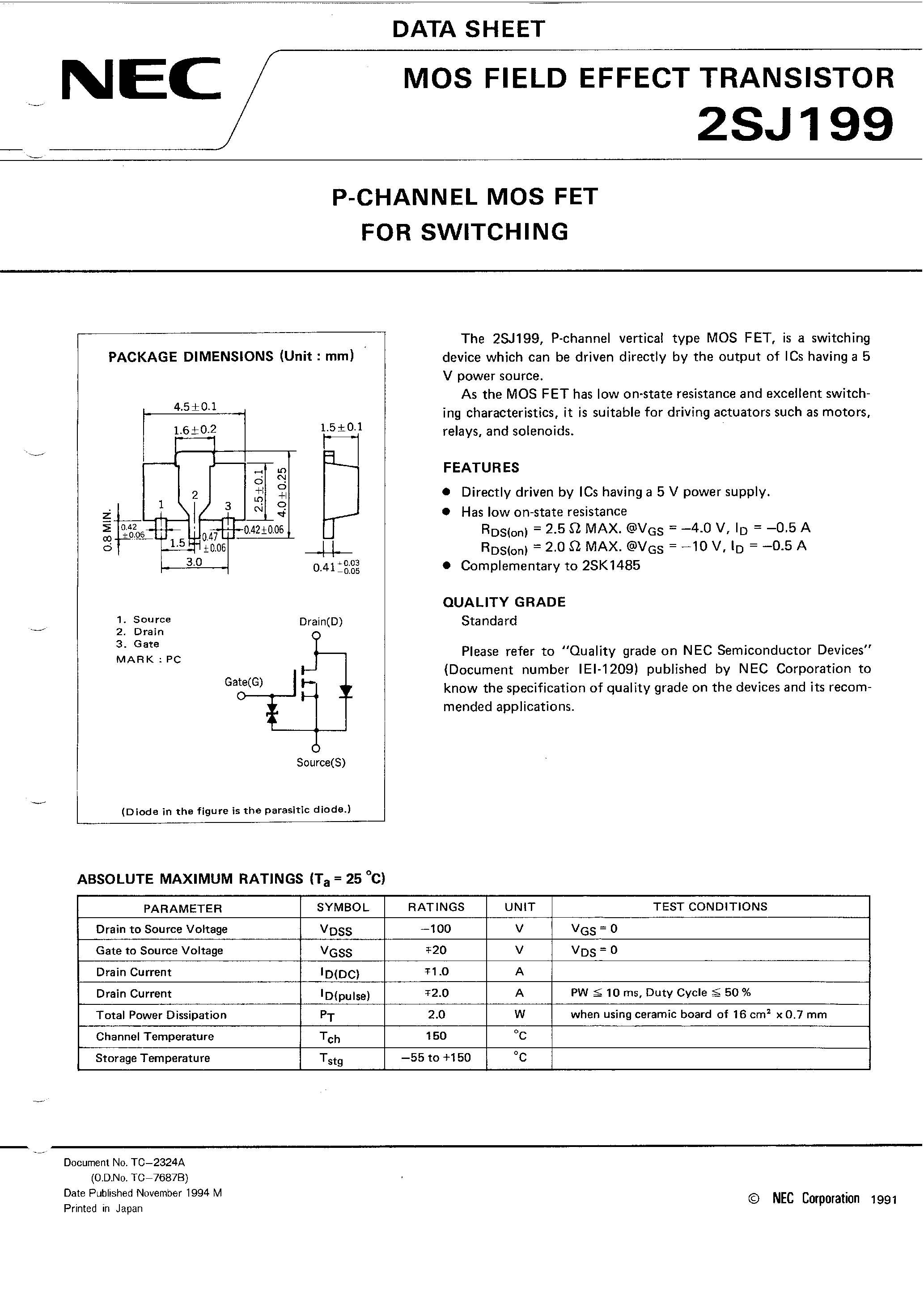 Datasheet 2SJ199 page 1 Datasheet 2SJ199 - P-CHANNEL MOS FET FOR SWITCHING page 1