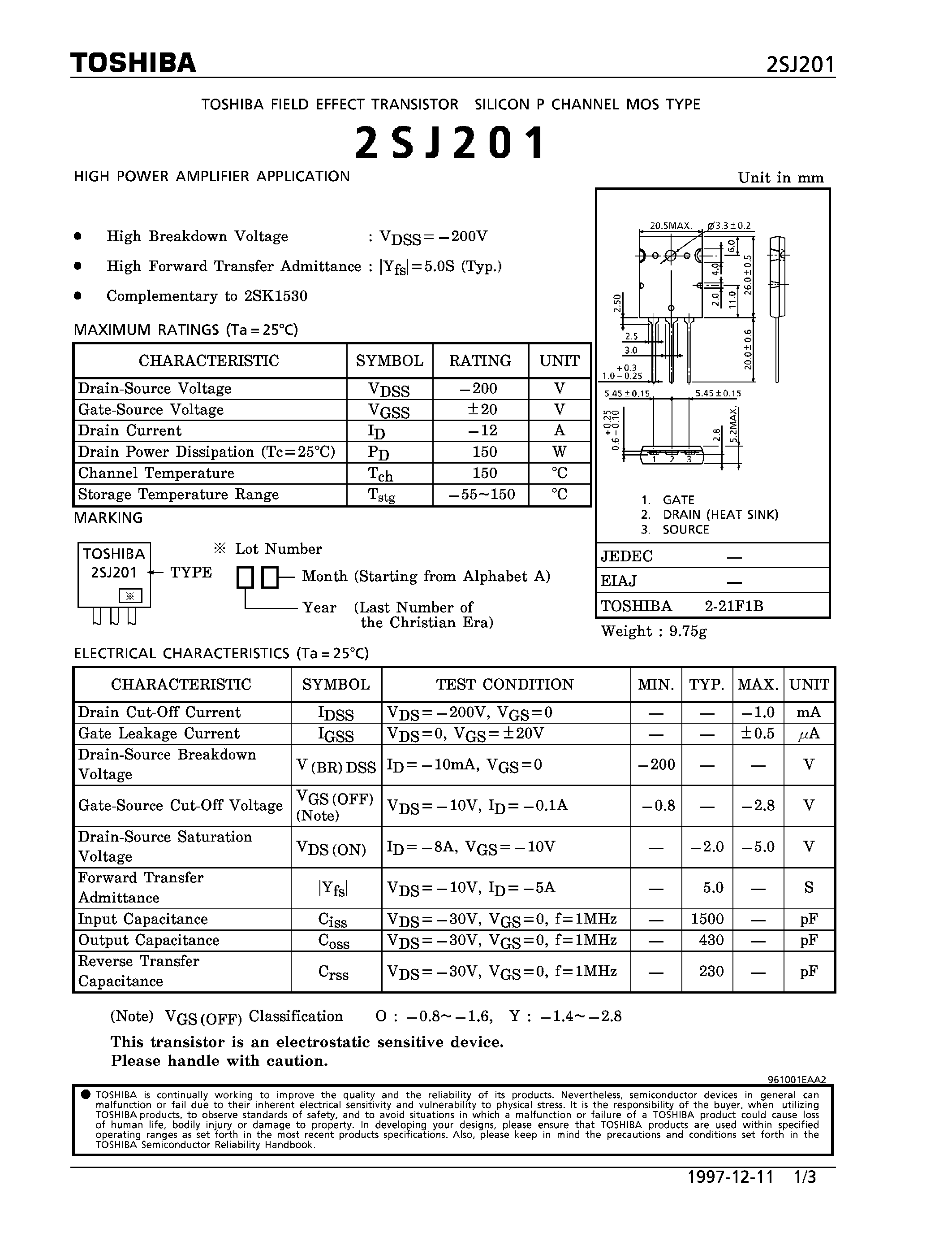 Datasheet 2SJ201 page 1 Datasheet 2SJ201 - P CHANNEL MOS TYPE (HIGH POWER AMPLIFIER APPLICATIONS) page 1