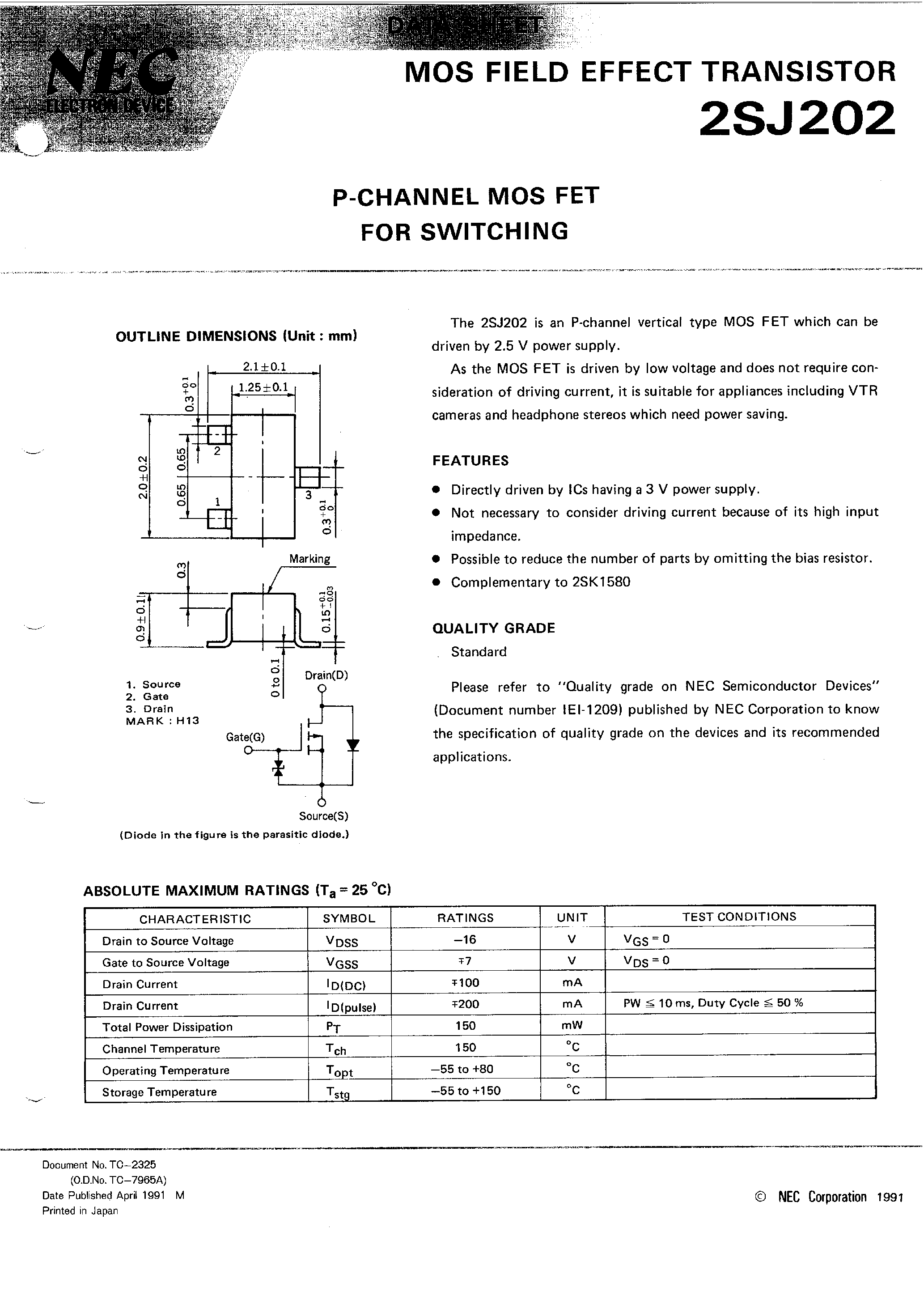 Datasheet 2SJ202 page 1 Datasheet 2SJ202 - P-CHANNEL MOS FET FOR SWITCHING page 1