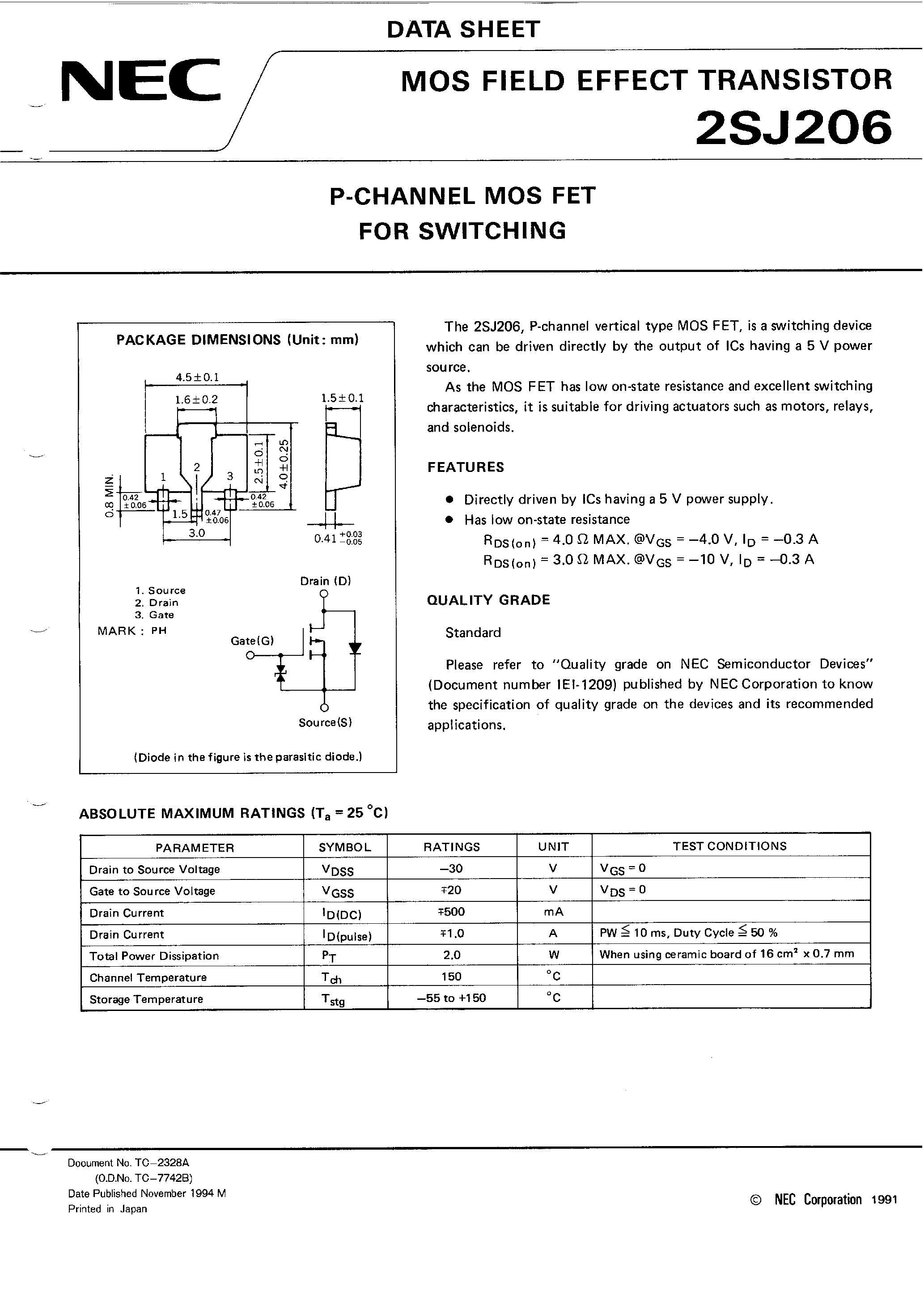 Datasheet 2SJ206 page 1 Datasheet 2SJ206 - P-CHANNEL MOS FET FOR SWITCHING page 1