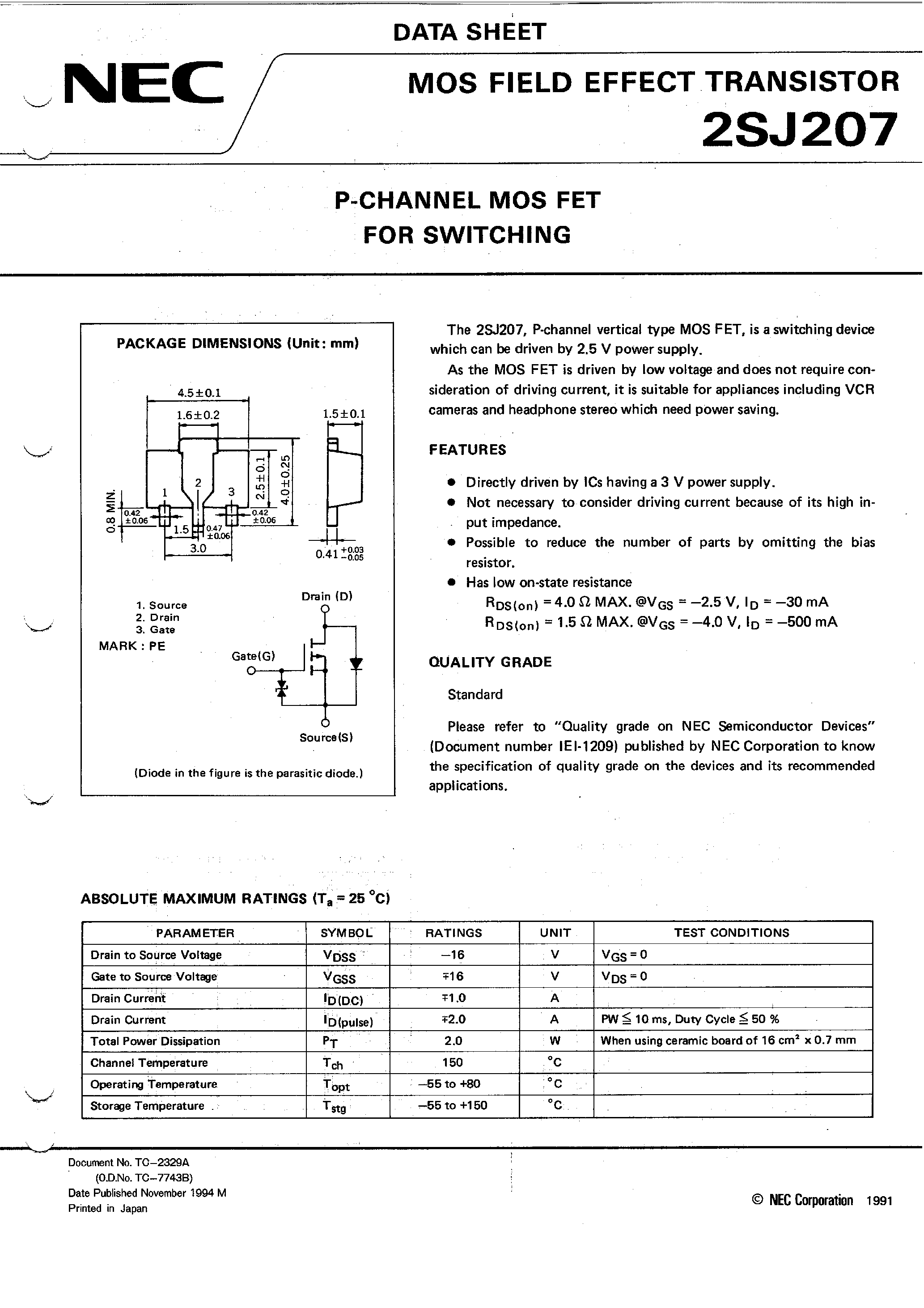 Datasheet 2SJ207 page 1 Datasheet 2SJ207 - P-CHANNEL MOS FET FOR SWITCHING page 1