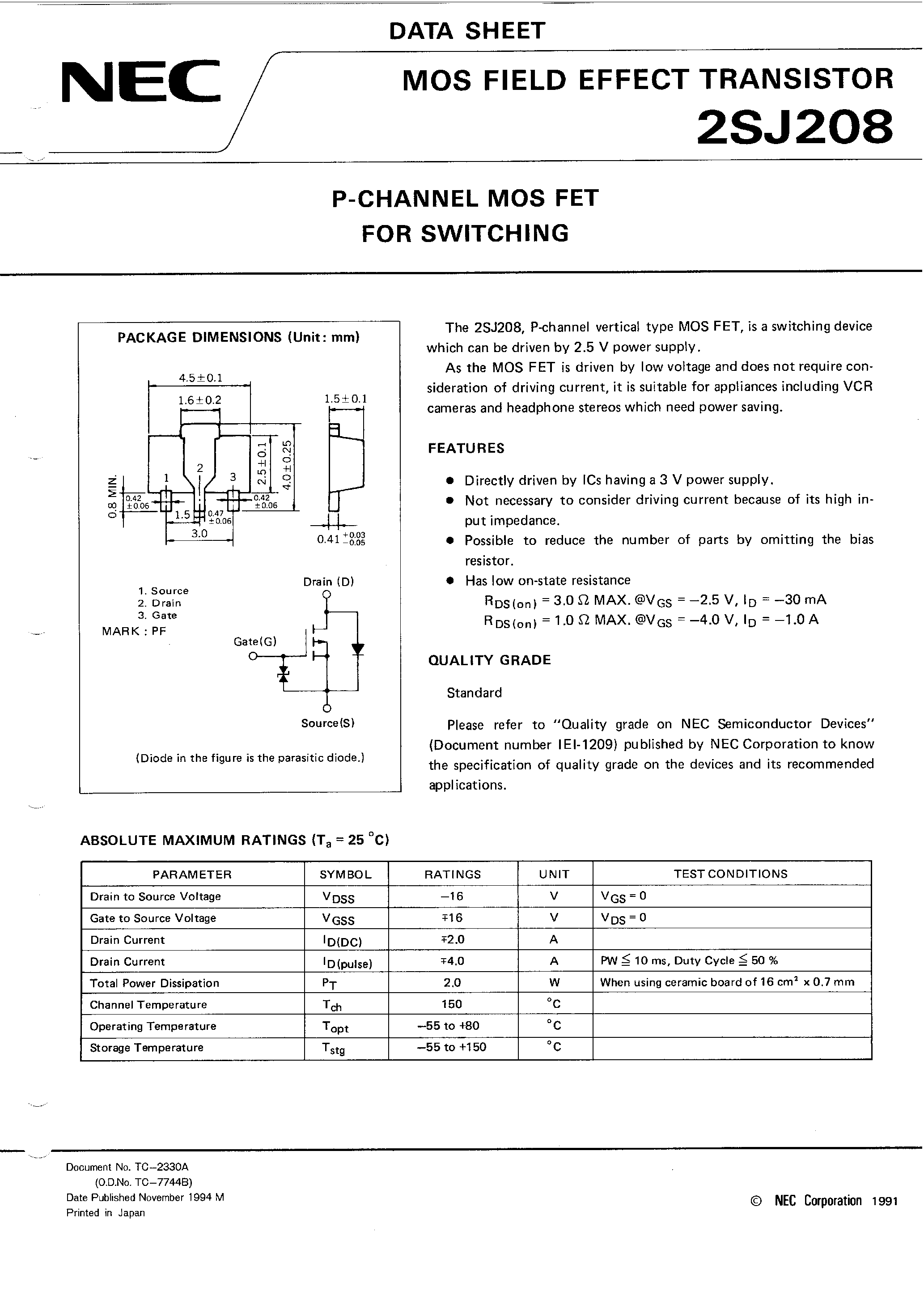 Datasheet 2SJ208 - P-CHANNEL MOS FET FOR SWITCHING page 1