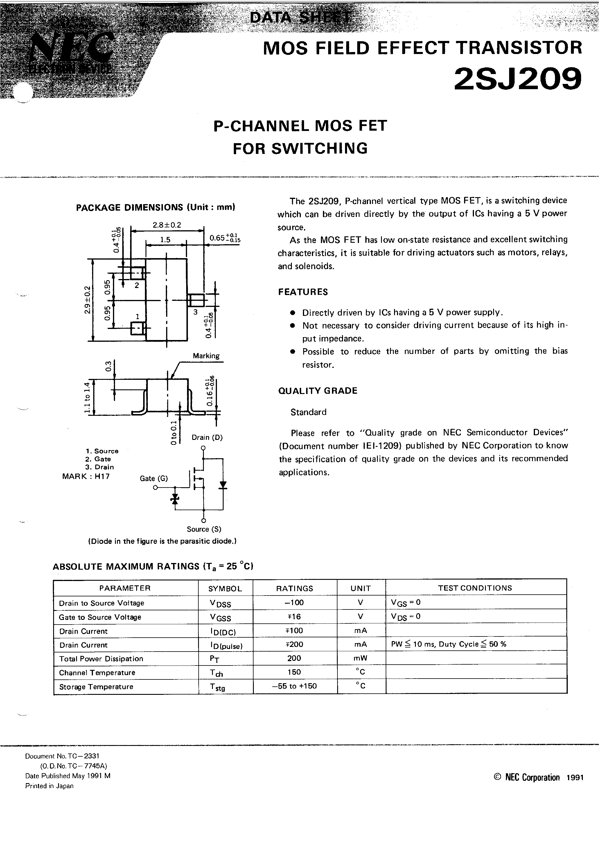 Datasheet 2SJ209 - P-CHANNEL MOS FET FOR SWITCHING page 1