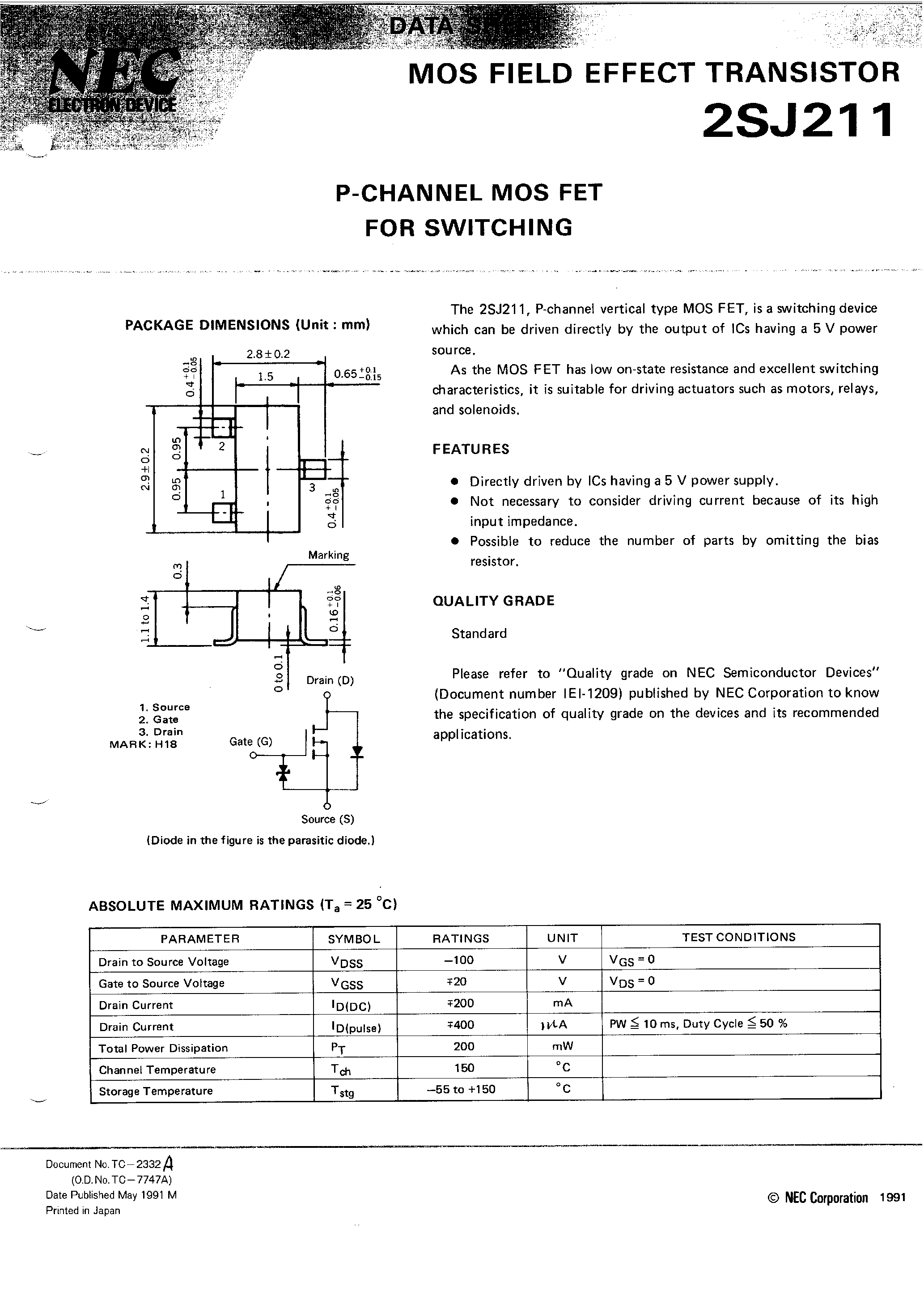 Даташит 2SJ211 - P-CHANNEL MOS FET FOR SWITCHING страница 1