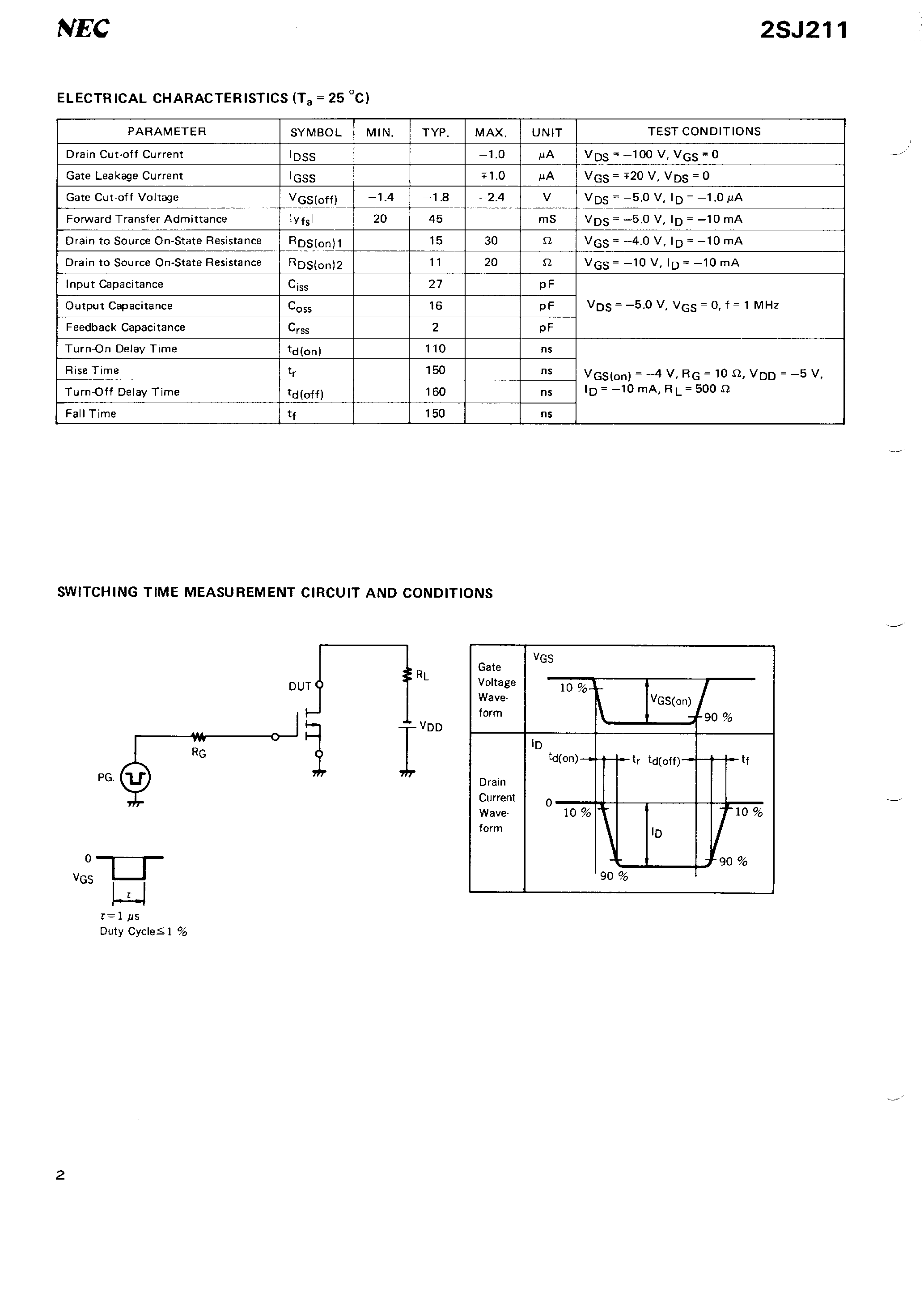 Даташит 2SJ211 - P-CHANNEL MOS FET FOR SWITCHING страница 2