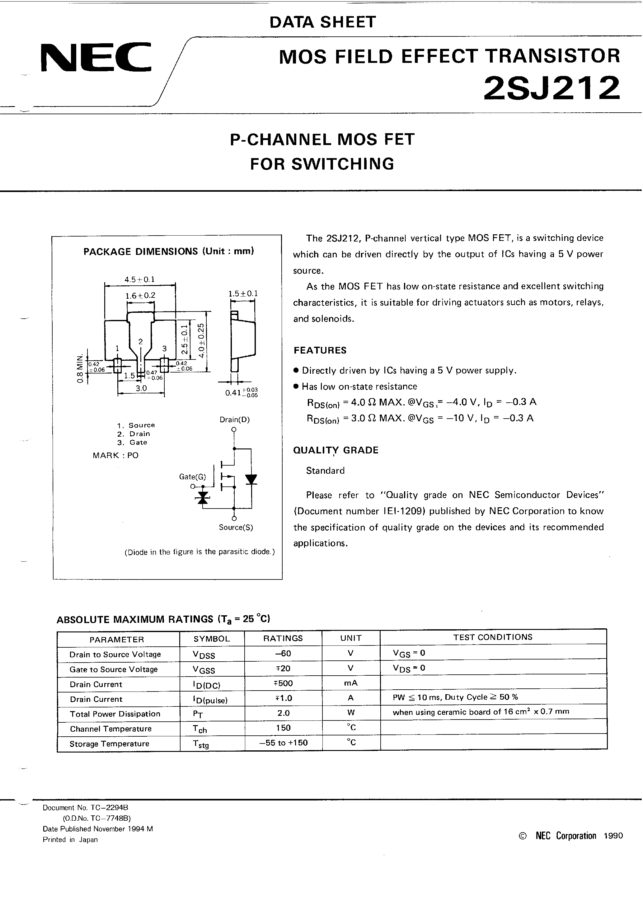 Datasheet 2SJ212 - P-CHANNEL MOS FET FOR SWITCHING page 1